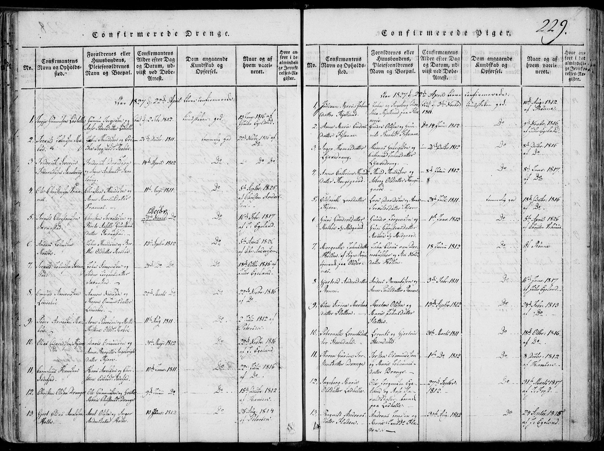 Oddernes sokneprestkontor, AV/SAK-1111-0033/F/Fa/Faa/L0005: Parish register (official) no. A 5, 1820-1838, p. 229