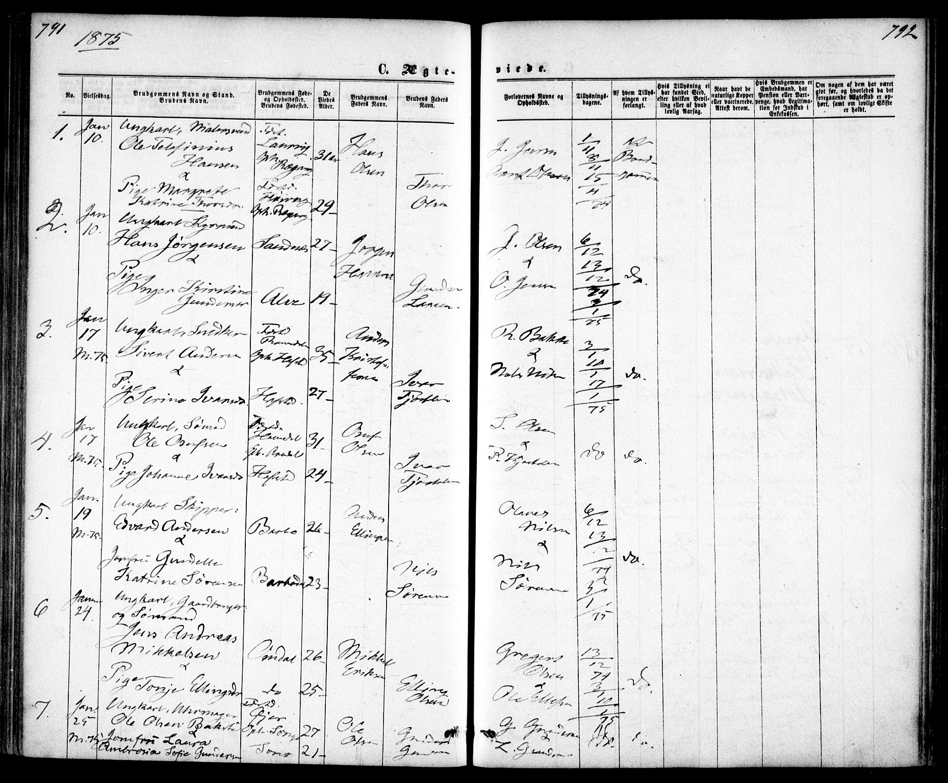 Tromøy sokneprestkontor, AV/SAK-1111-0041/F/Fa/L0008: Parish register (official) no. A 8, 1870-1877, p. 791-792