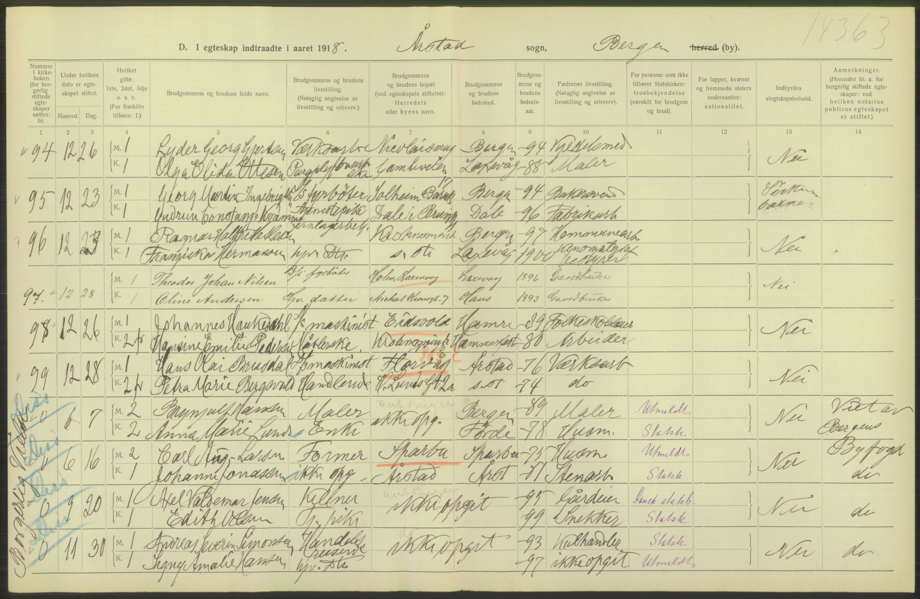 Statistisk sentralbyrå, Sosiodemografiske emner, Befolkning, RA/S-2228/D/Df/Dfb/Dfbh/L0038: Bergen: Gifte, dødfødte., 1918, p. 56