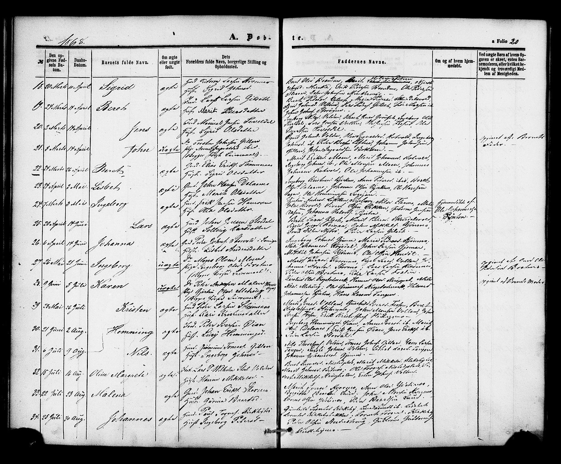 Ministerialprotokoller, klokkerbøker og fødselsregistre - Nord-Trøndelag, SAT/A-1458/706/L0041: Parish register (official) no. 706A02, 1862-1877, p. 20