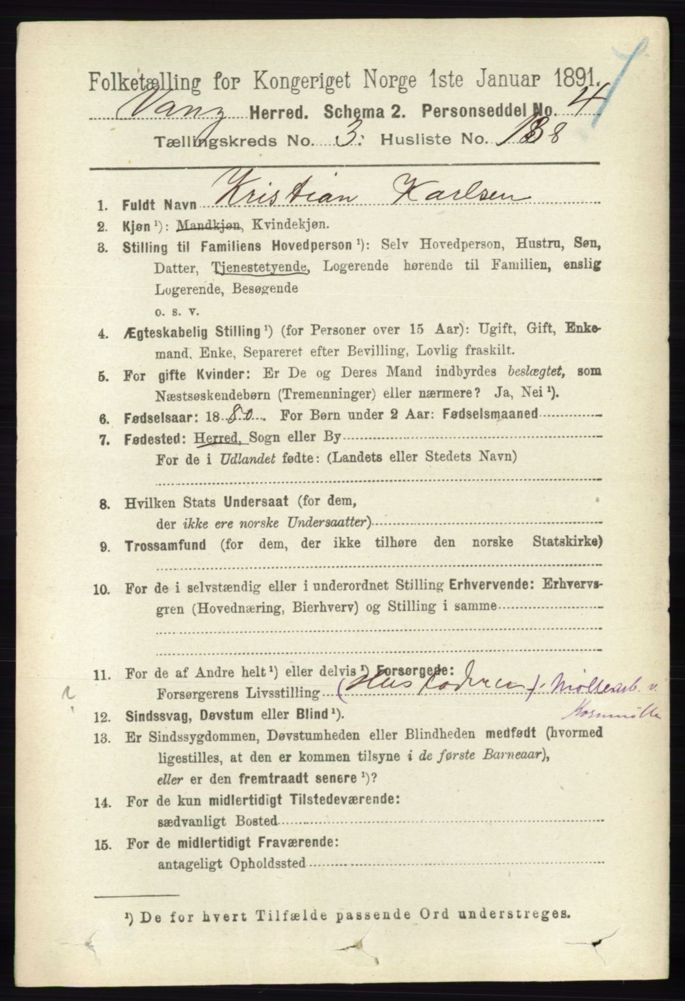 RA, 1891 census for 0414 Vang, 1891, p. 2627