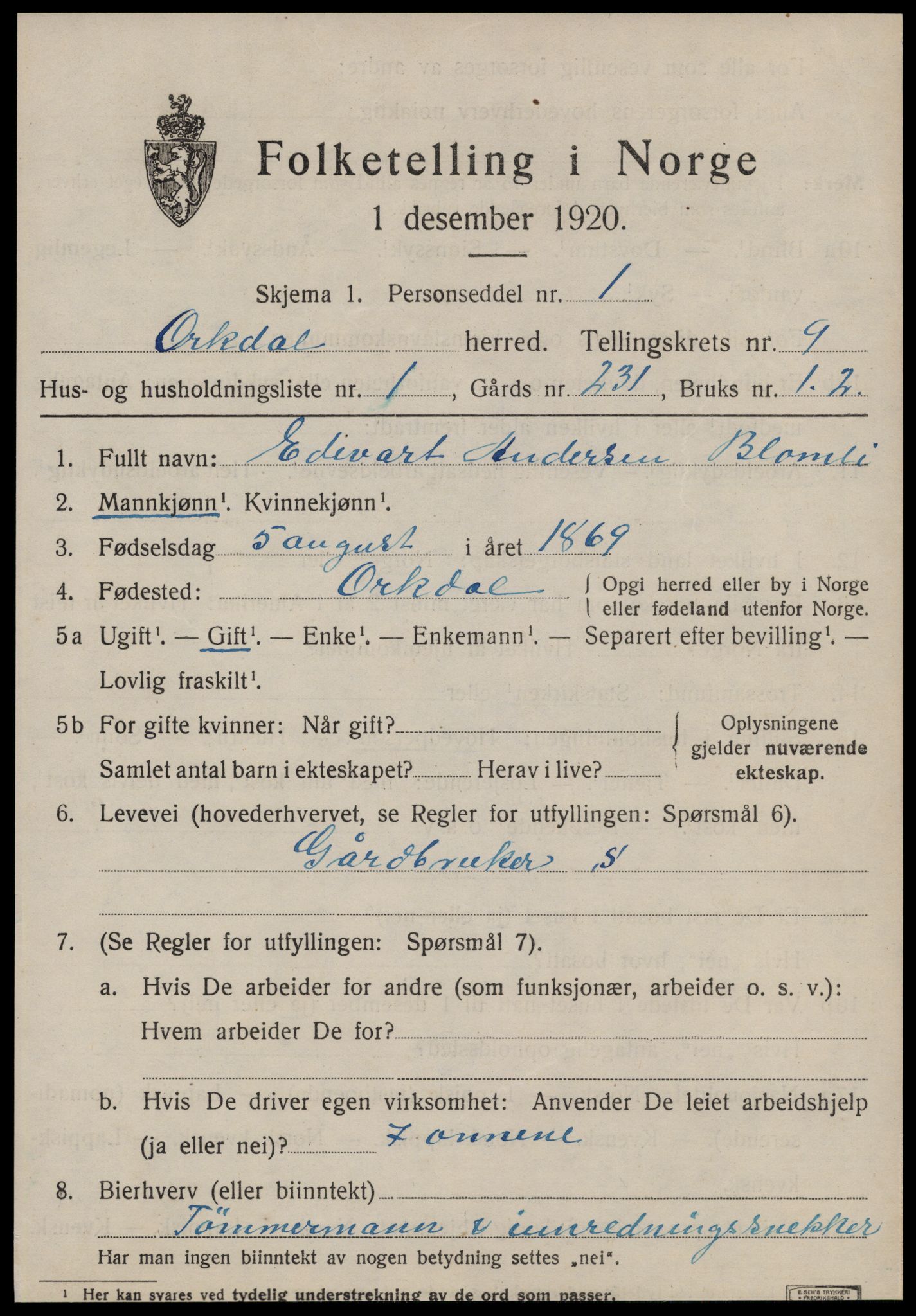 SAT, 1920 census for Orkdal, 1920, p. 6876