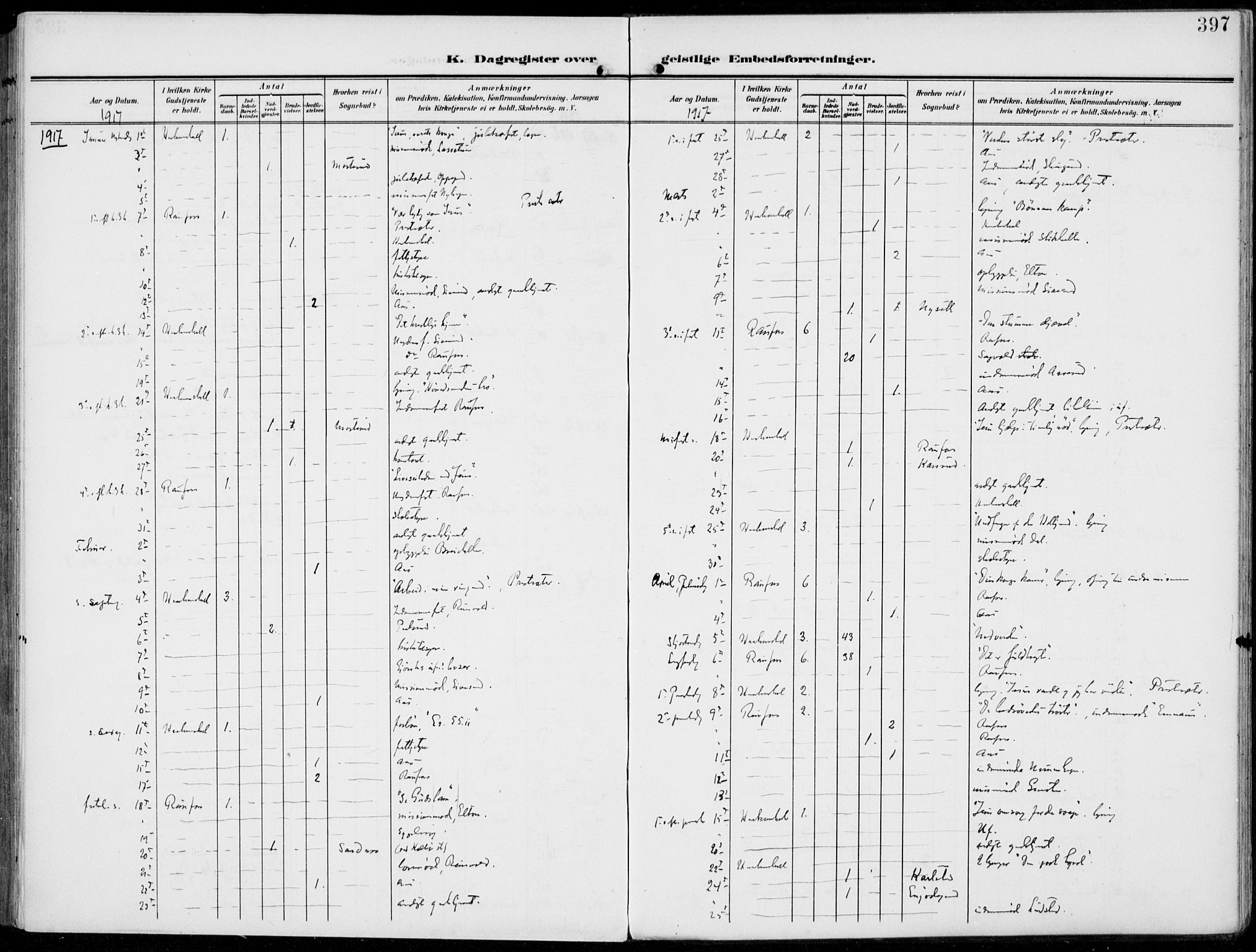 Vestre Toten prestekontor, SAH/PREST-108/H/Ha/Haa/L0014: Parish register (official) no. 14, 1907-1920, p. 397