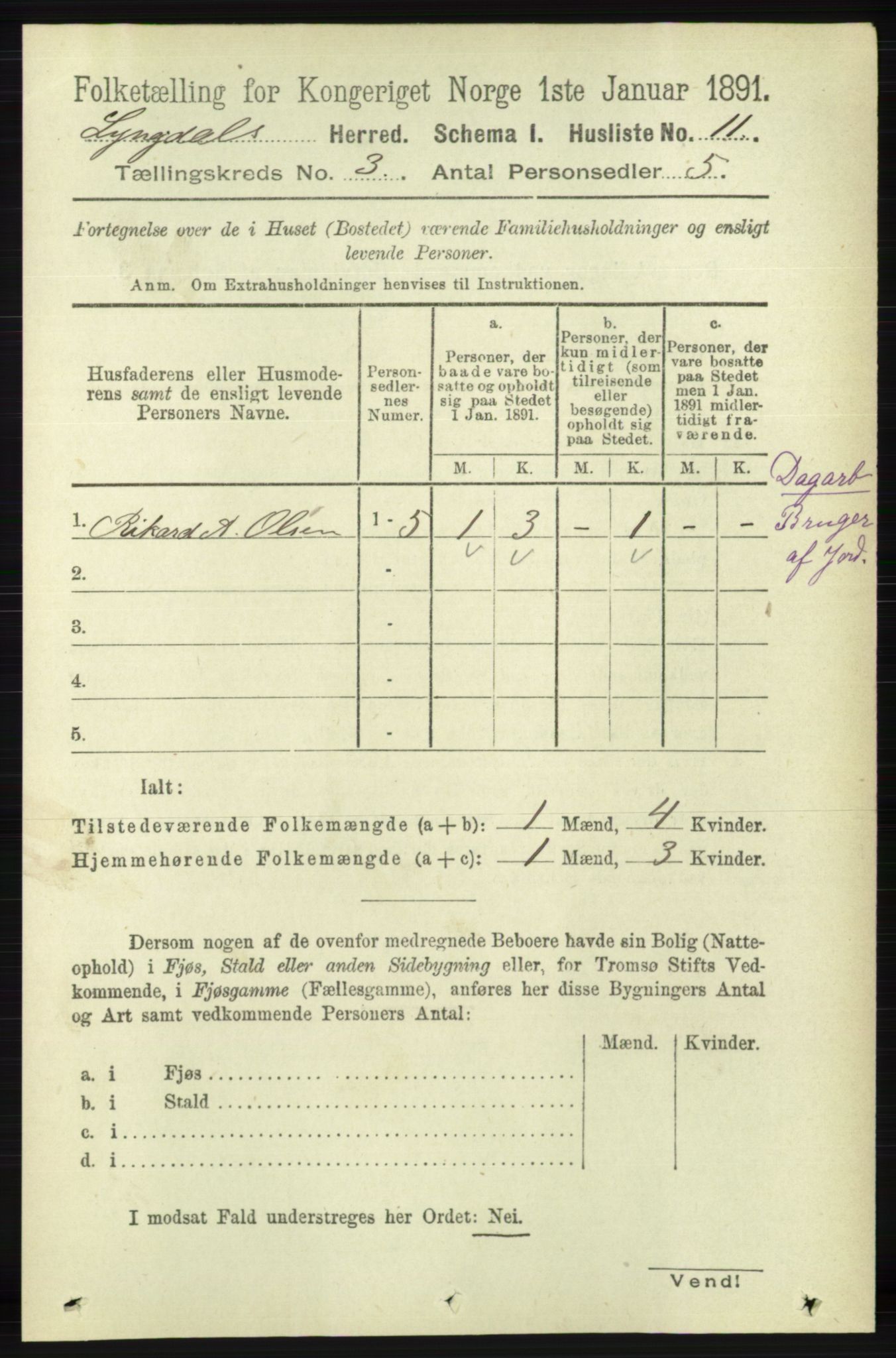 RA, 1891 census for 1032 Lyngdal, 1891, p. 1040
