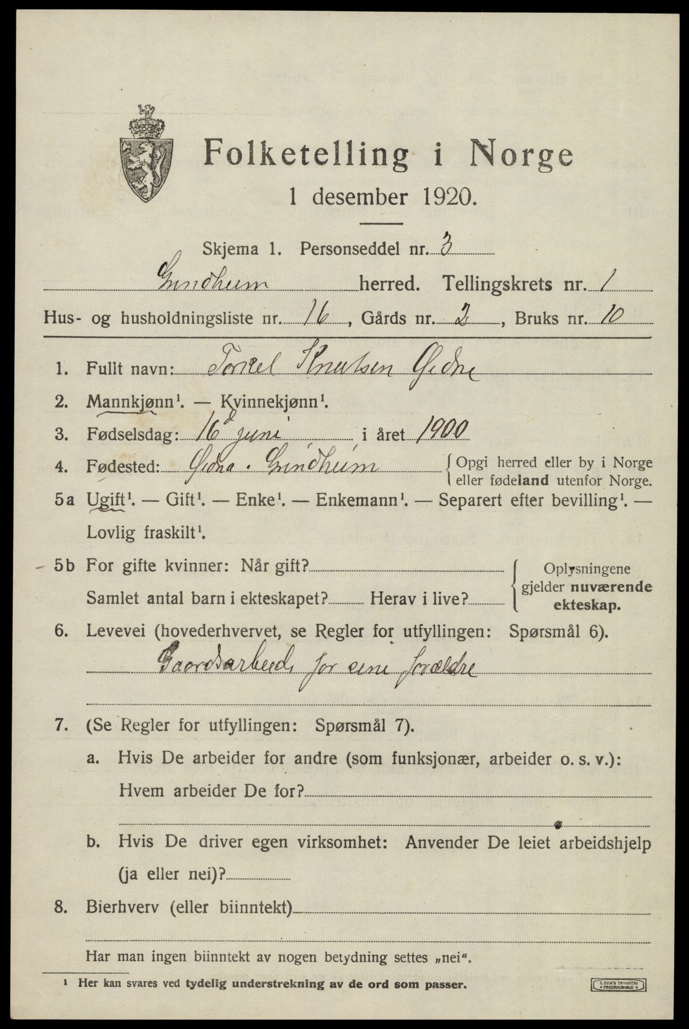 SAK, 1920 census for Grindheim, 1920, p. 561