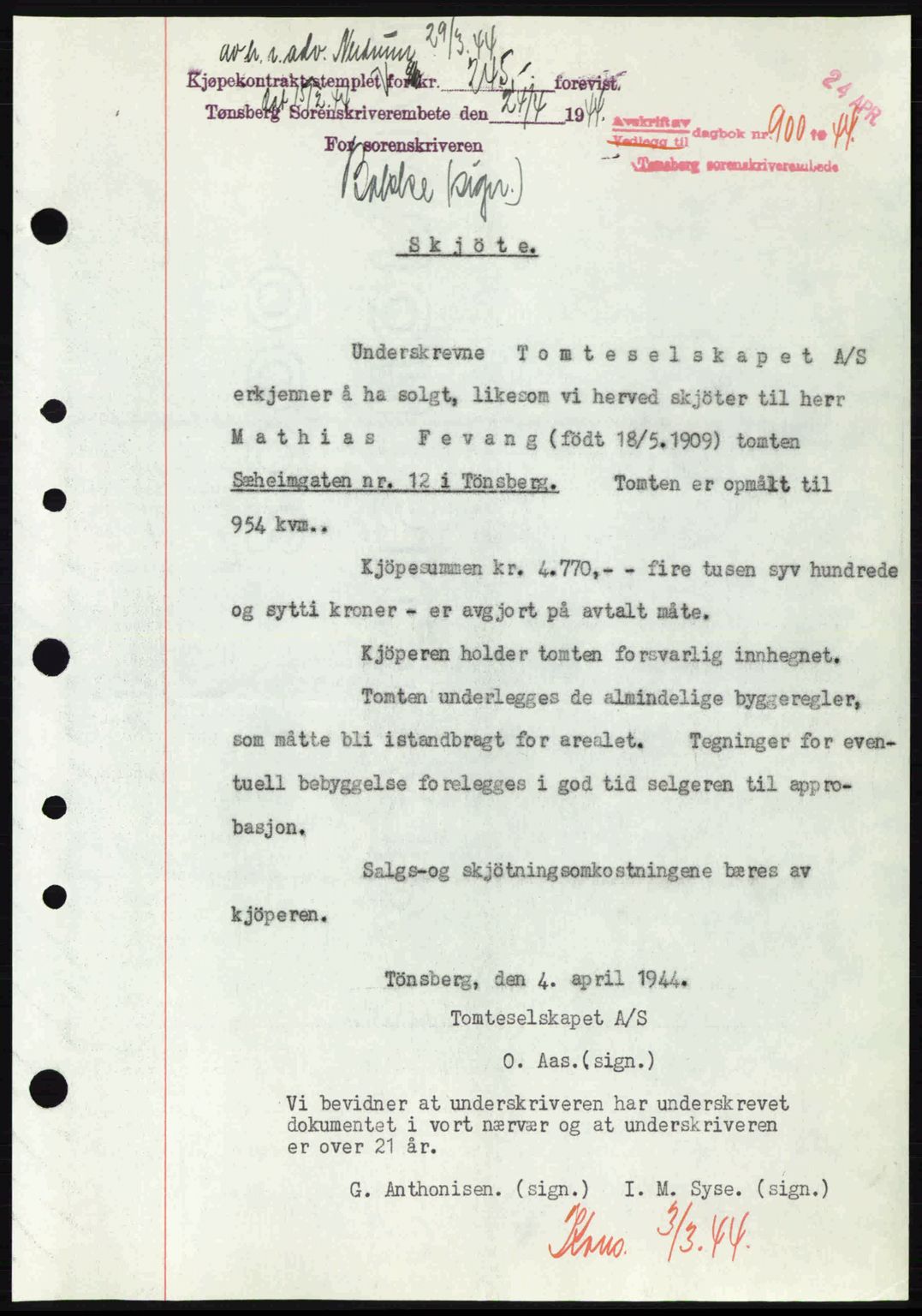 Tønsberg sorenskriveri, AV/SAKO-A-130/G/Ga/Gaa/L0015: Mortgage book no. A15, 1944-1944, Diary no: : 900/1944