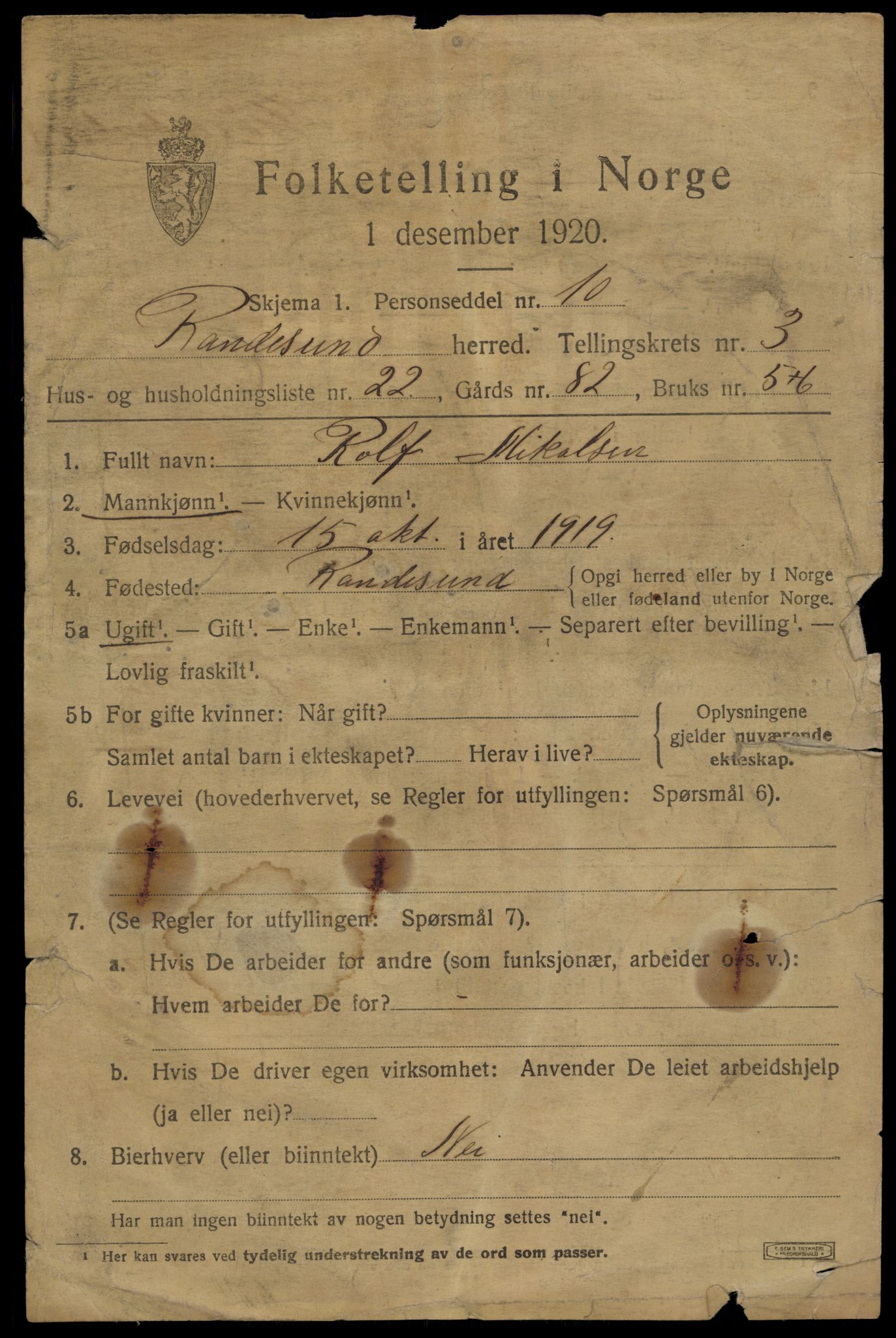 SAK, 1920 census for Randesund, 1920, p. 1738