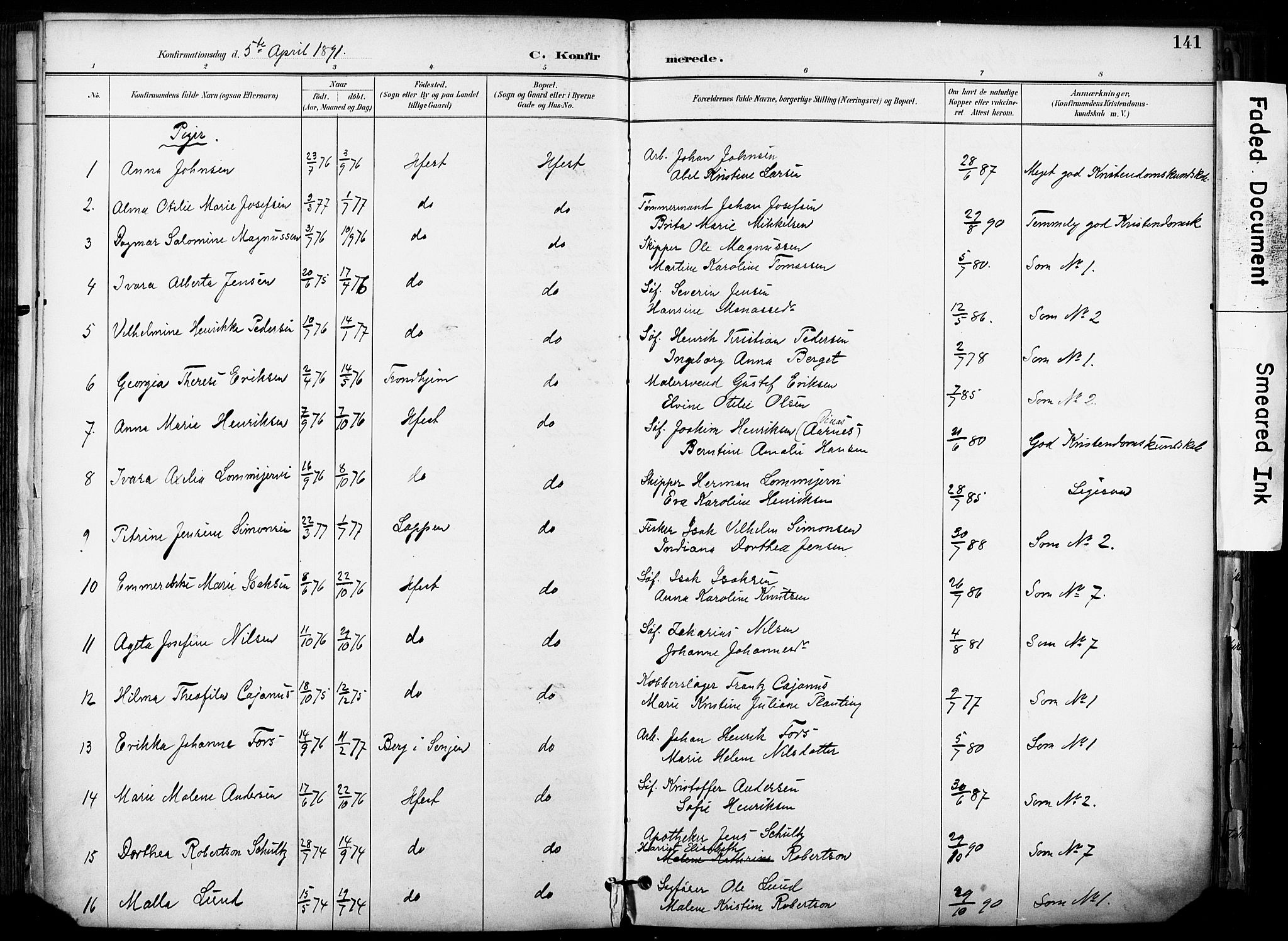 Hammerfest sokneprestkontor, AV/SATØ-S-1347/H/Ha/L0009.kirke: Parish register (official) no. 9, 1889-1897, p. 141