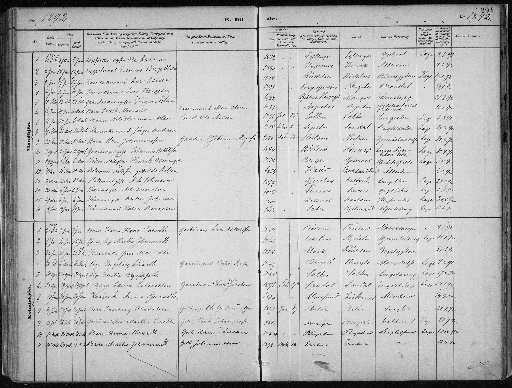 Hamre sokneprestembete, SAB/A-75501/H/Ha/Haa/Haab/L0001: Parish register (official) no. B  1, 1882-1905, p. 294