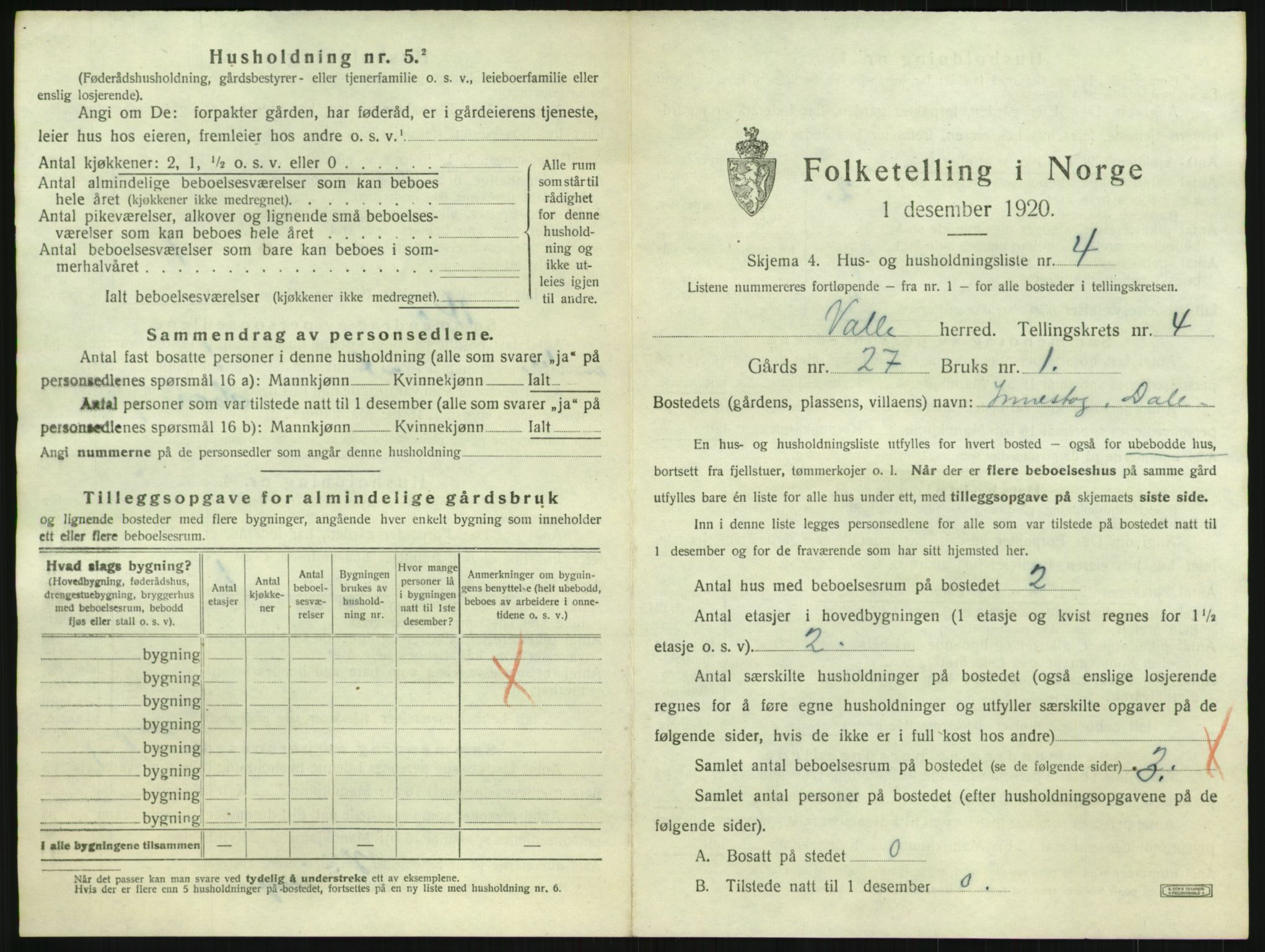 SAK, 1920 census for Valle, 1920, p. 327