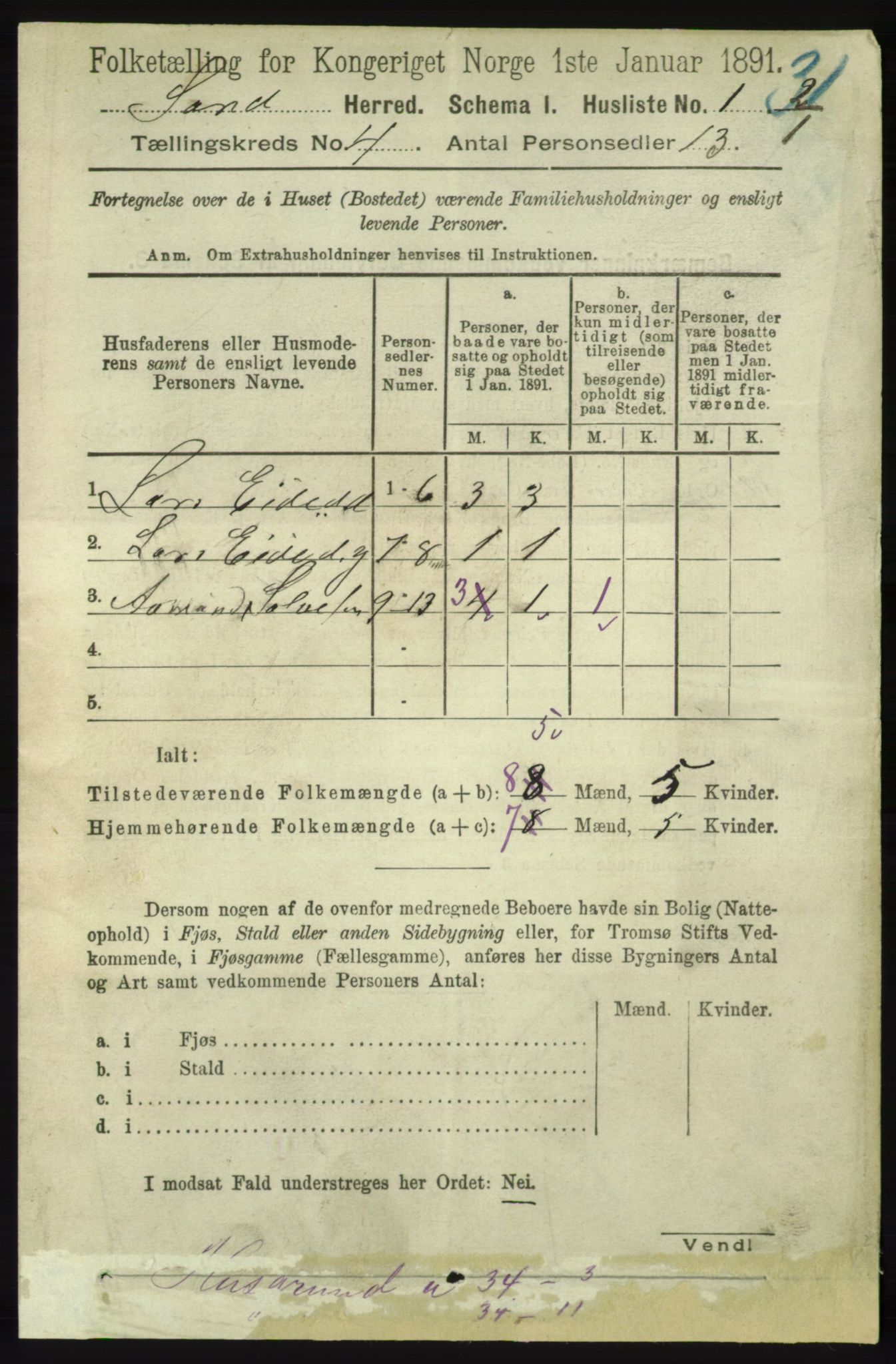 RA, 1891 census for 1136 Sand, 1891, p. 1154