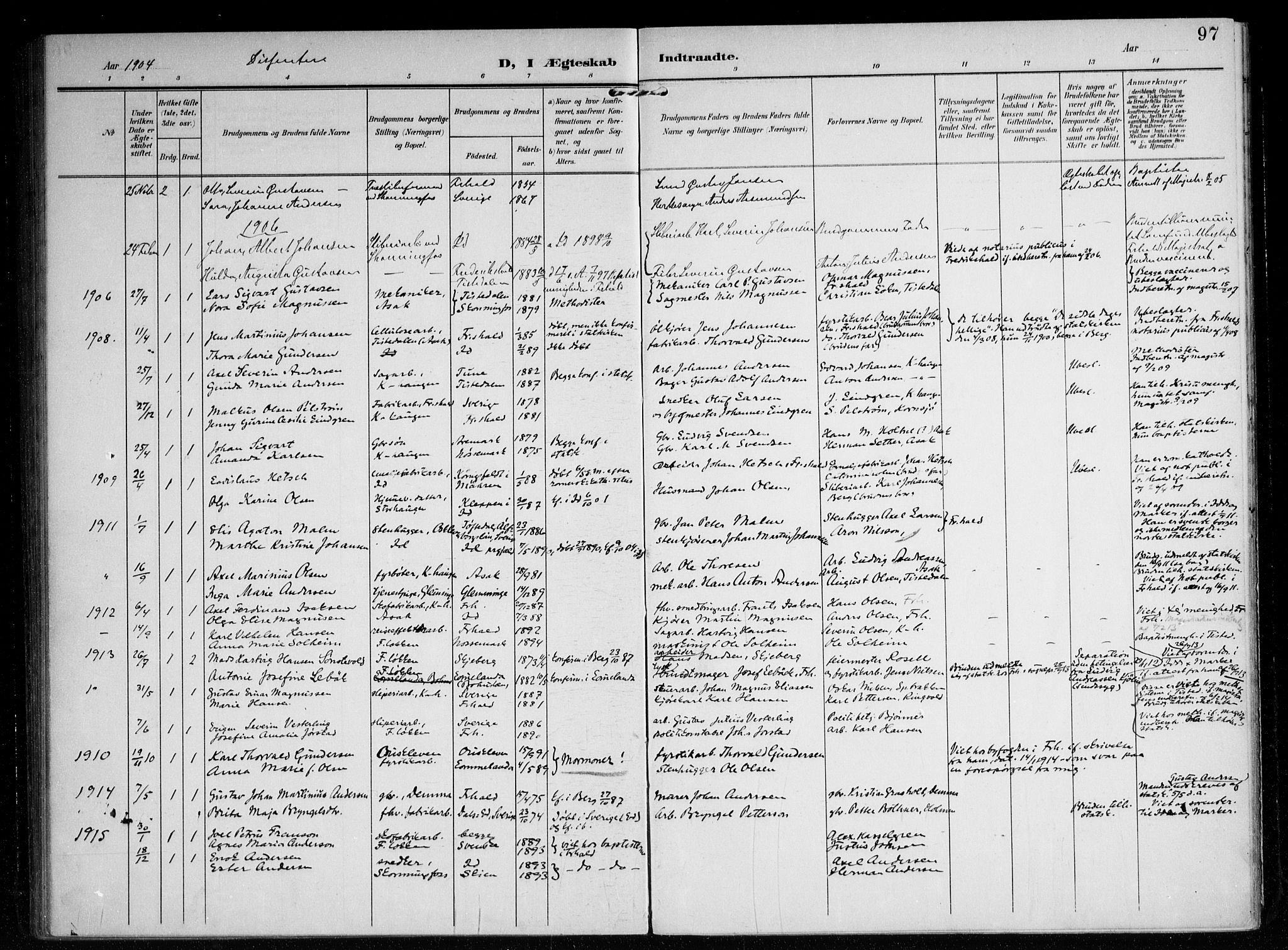 Berg prestekontor Kirkebøker, AV/SAO-A-10902/F/Fb/L0003: Parish register (official) no. II 3, 1903-1919, p. 97