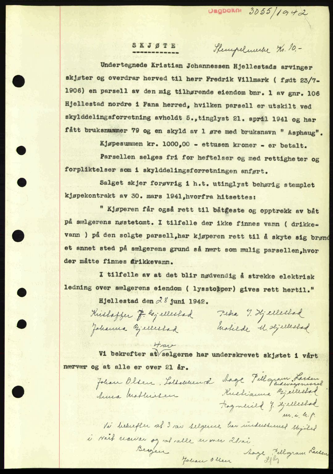 Midhordland sorenskriveri, SAB/A-3001/1/G/Gb/Gbj/L0014: Mortgage book no. A26-28, 1942-1942, Diary no: : 3055/1942