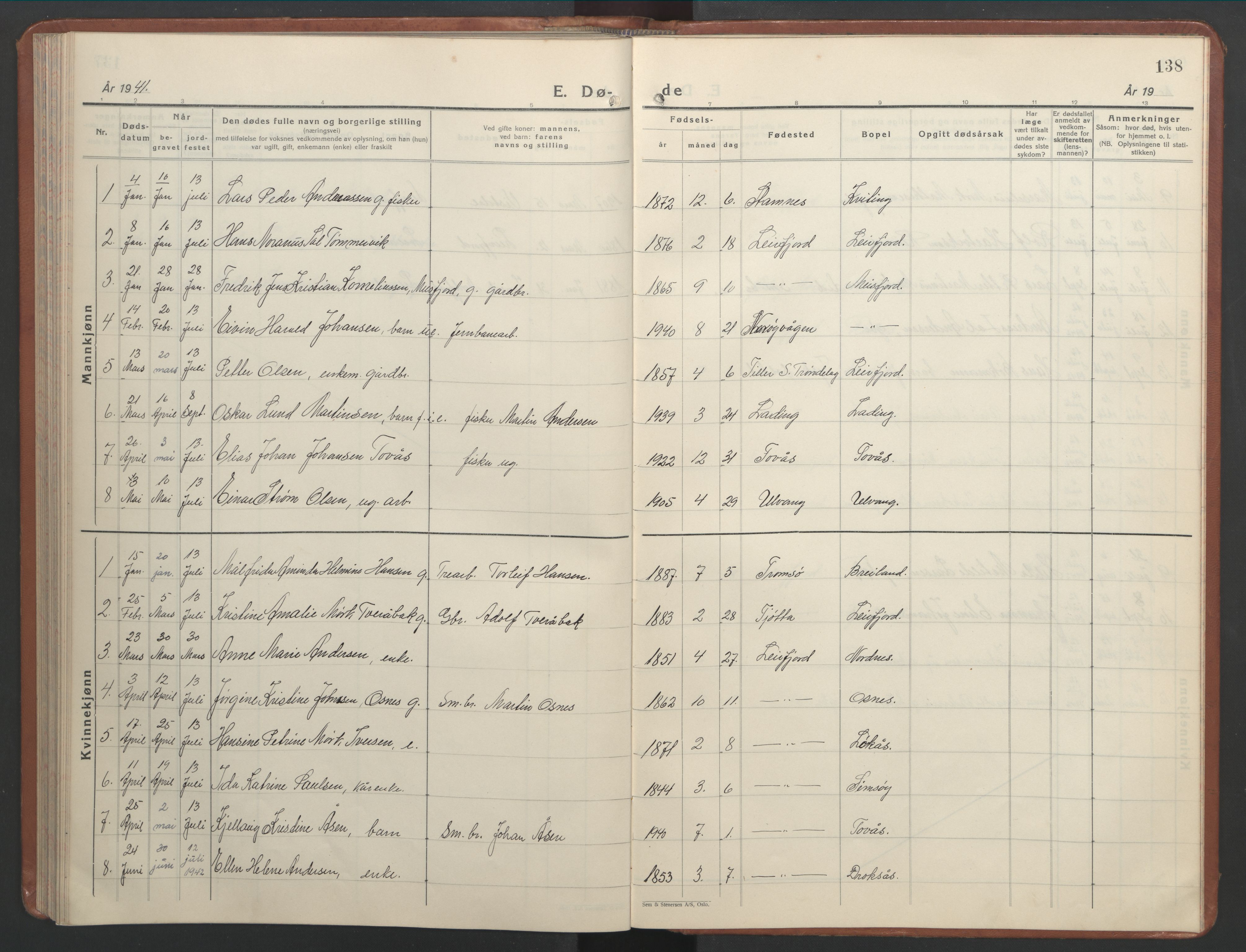 Ministerialprotokoller, klokkerbøker og fødselsregistre - Nordland, AV/SAT-A-1459/832/L0496: Parish register (copy) no. 832C03, 1932-1945, p. 138