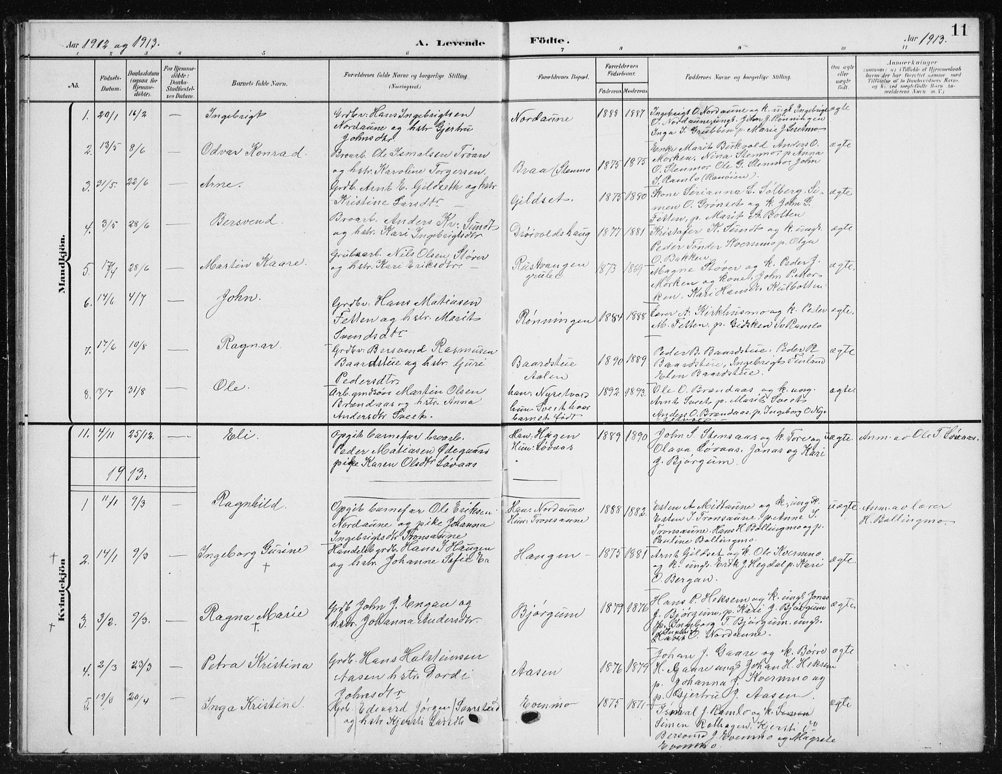 Ministerialprotokoller, klokkerbøker og fødselsregistre - Sør-Trøndelag, SAT/A-1456/685/L0979: Parish register (copy) no. 685C04, 1908-1933, p. 11