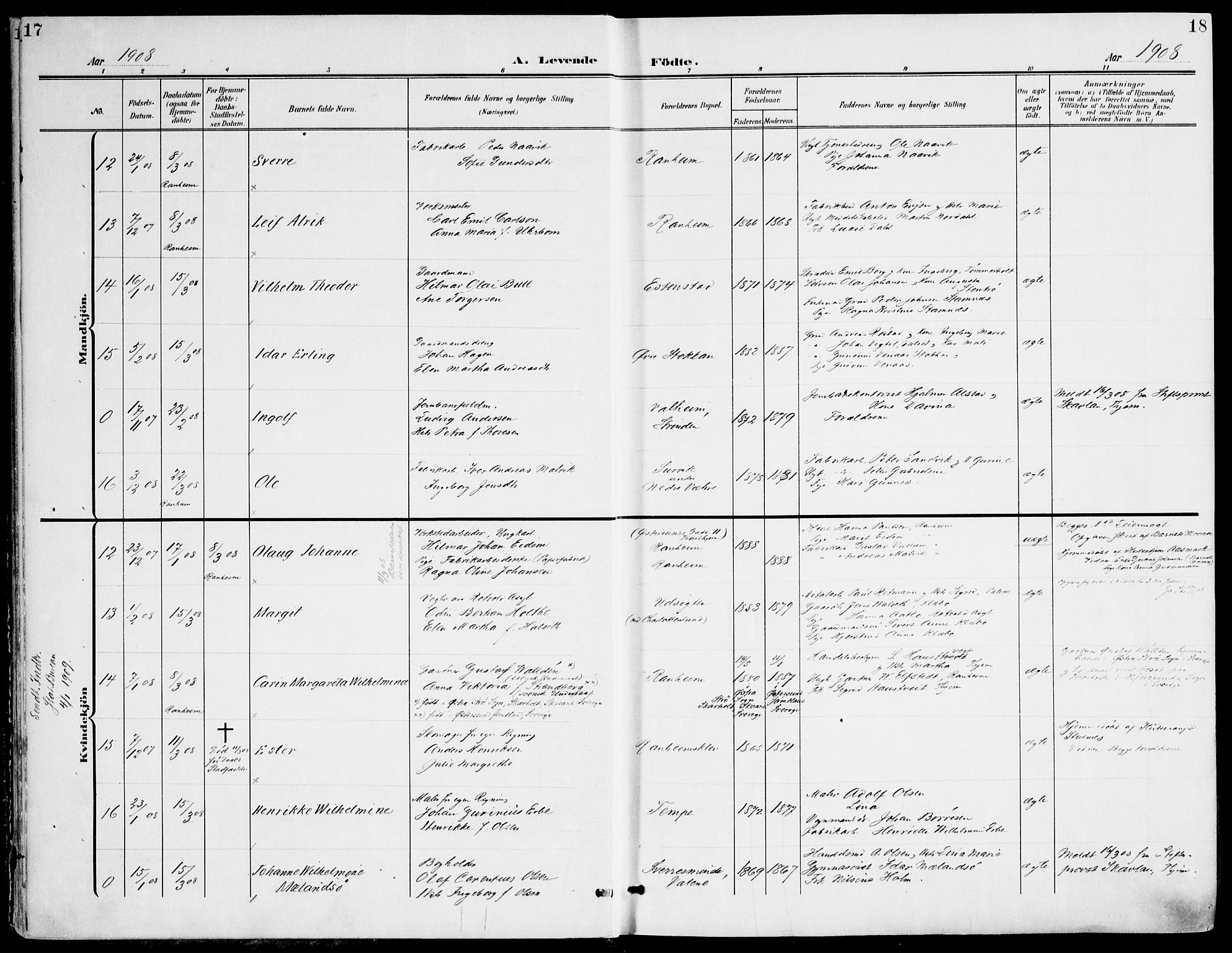 Ministerialprotokoller, klokkerbøker og fødselsregistre - Sør-Trøndelag, AV/SAT-A-1456/607/L0320: Parish register (official) no. 607A04, 1907-1915, p. 17-18