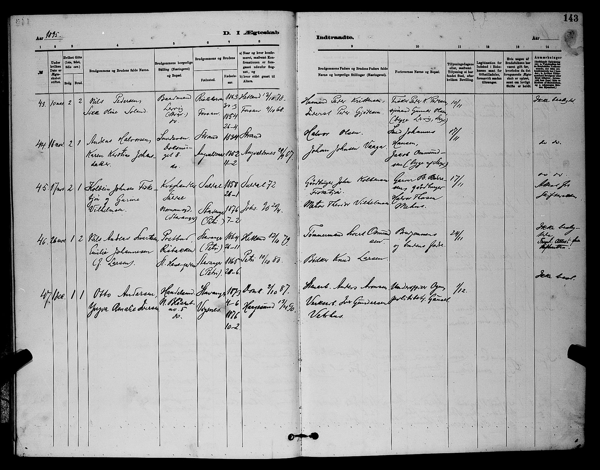 St. Johannes sokneprestkontor, AV/SAST-A-101814/001/30/30BB/L0001: Parish register (copy) no. B 1, 1885-1897, p. 143