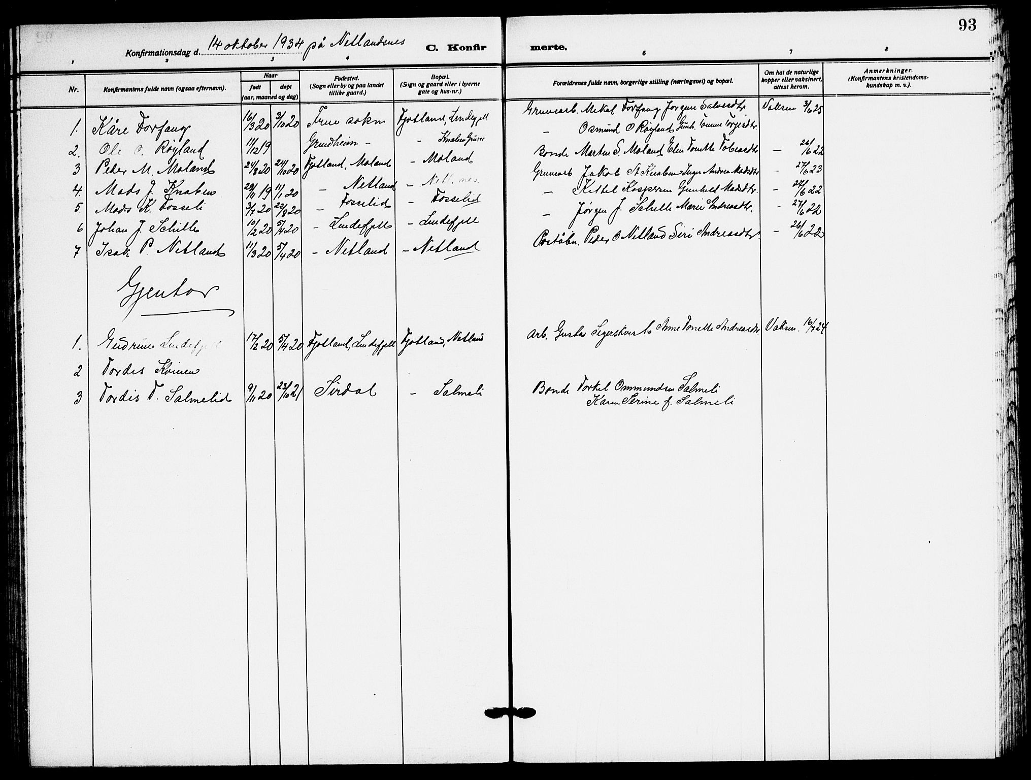 Fjotland sokneprestkontor, AV/SAK-1111-0010/F/Fb/L0004: Parish register (copy) no. B 4, 1925-1941, p. 93