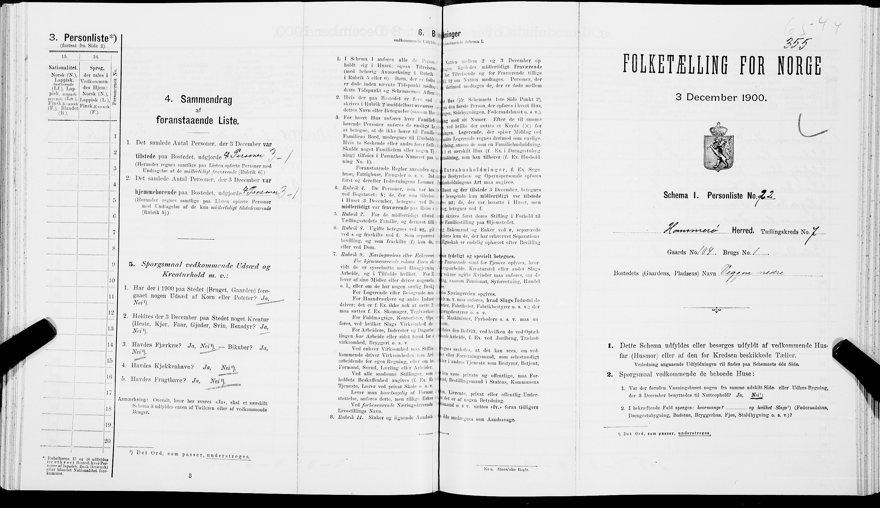 SAT, 1900 census for Hamarøy, 1900, p. 845