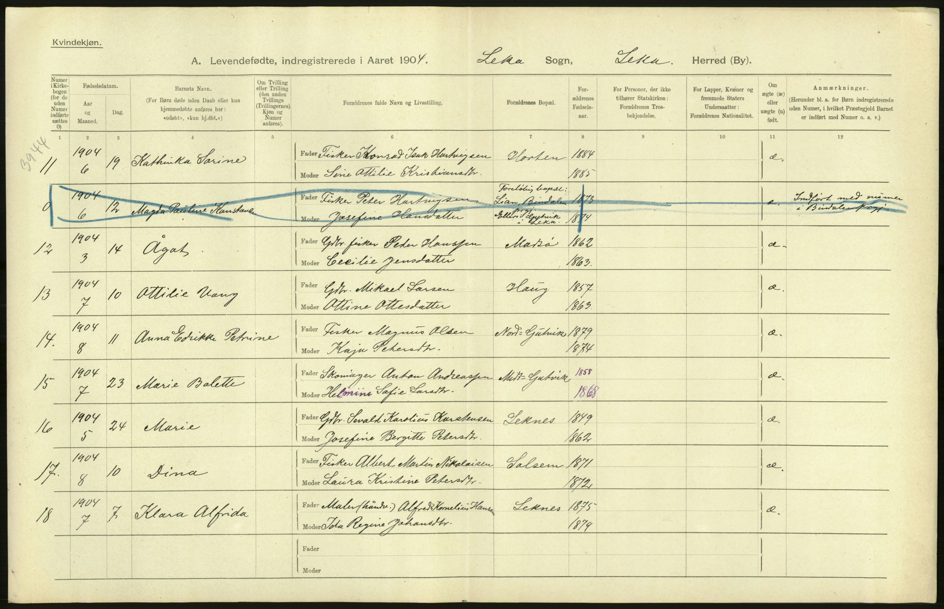 Statistisk sentralbyrå, Sosiodemografiske emner, Befolkning, AV/RA-S-2228/D/Df/Dfa/Dfab/L0019: Nordre Trondhjems amt: Fødte, gifte, døde, 1904, p. 308