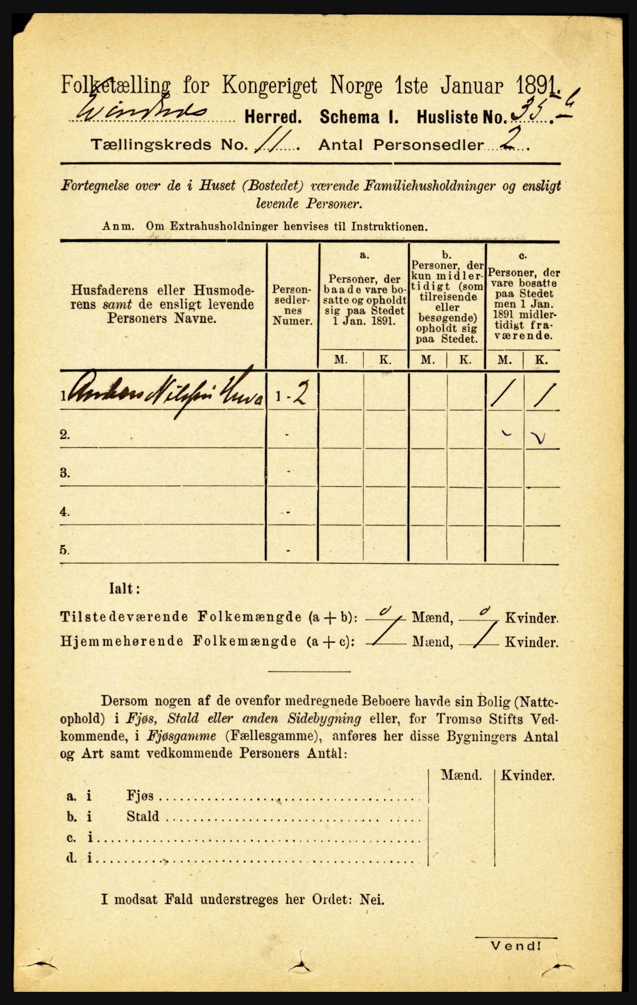 RA, 1891 census for 1853 Evenes, 1891, p. 3458