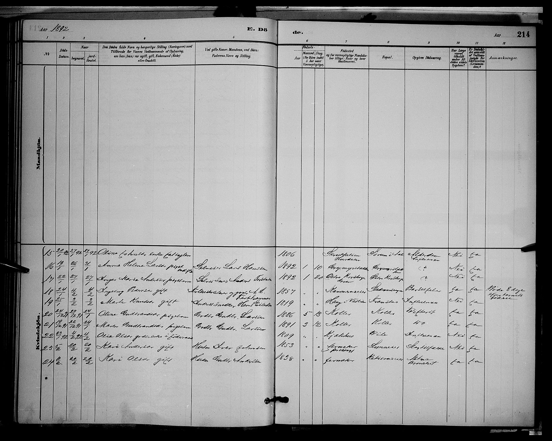 Gran prestekontor, AV/SAH-PREST-112/H/Ha/Hab/L0002: Parish register (copy) no. 2, 1879-1892, p. 214