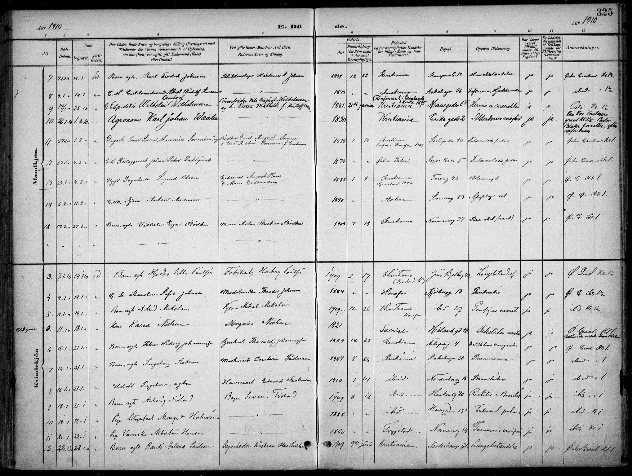 Kampen prestekontor Kirkebøker, AV/SAO-A-10853/F/Fa/L0009: Parish register (official) no. I 9, 1899-1911, p. 325