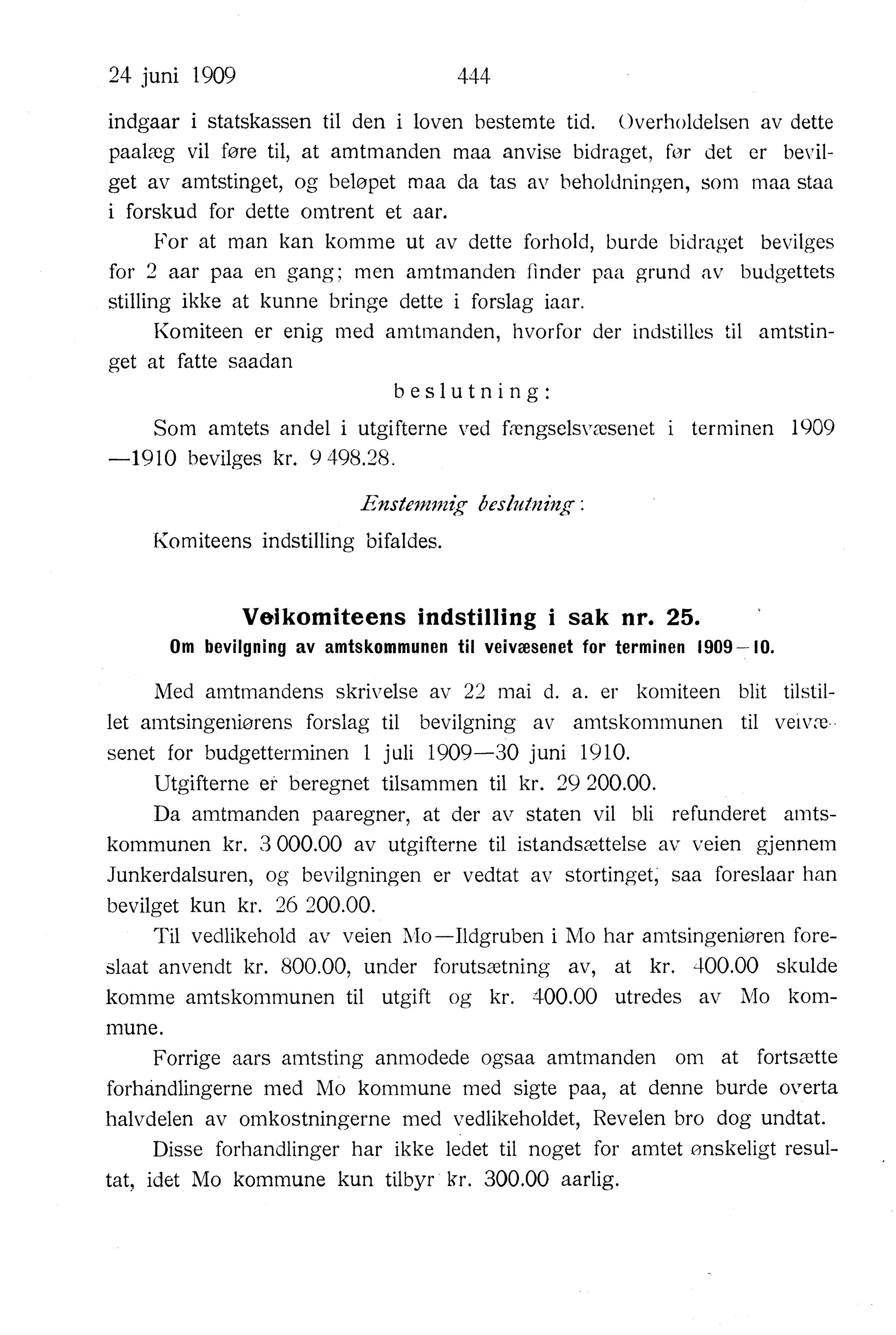 Nordland Fylkeskommune. Fylkestinget, AIN/NFK-17/176/A/Ac/L0032: Fylkestingsforhandlinger 1909, 1909