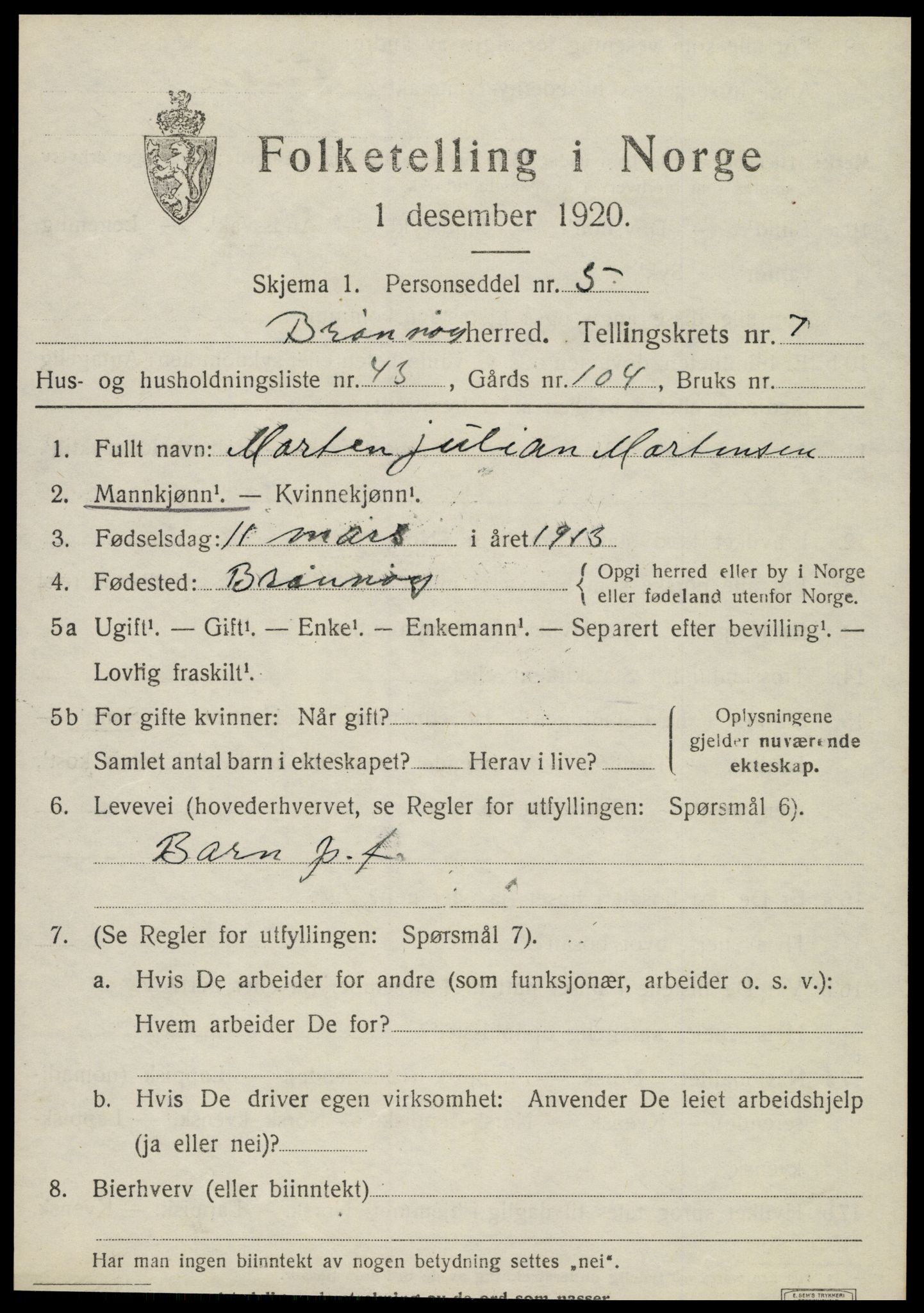 SAT, 1920 census for Brønnøy, 1920, p. 5676