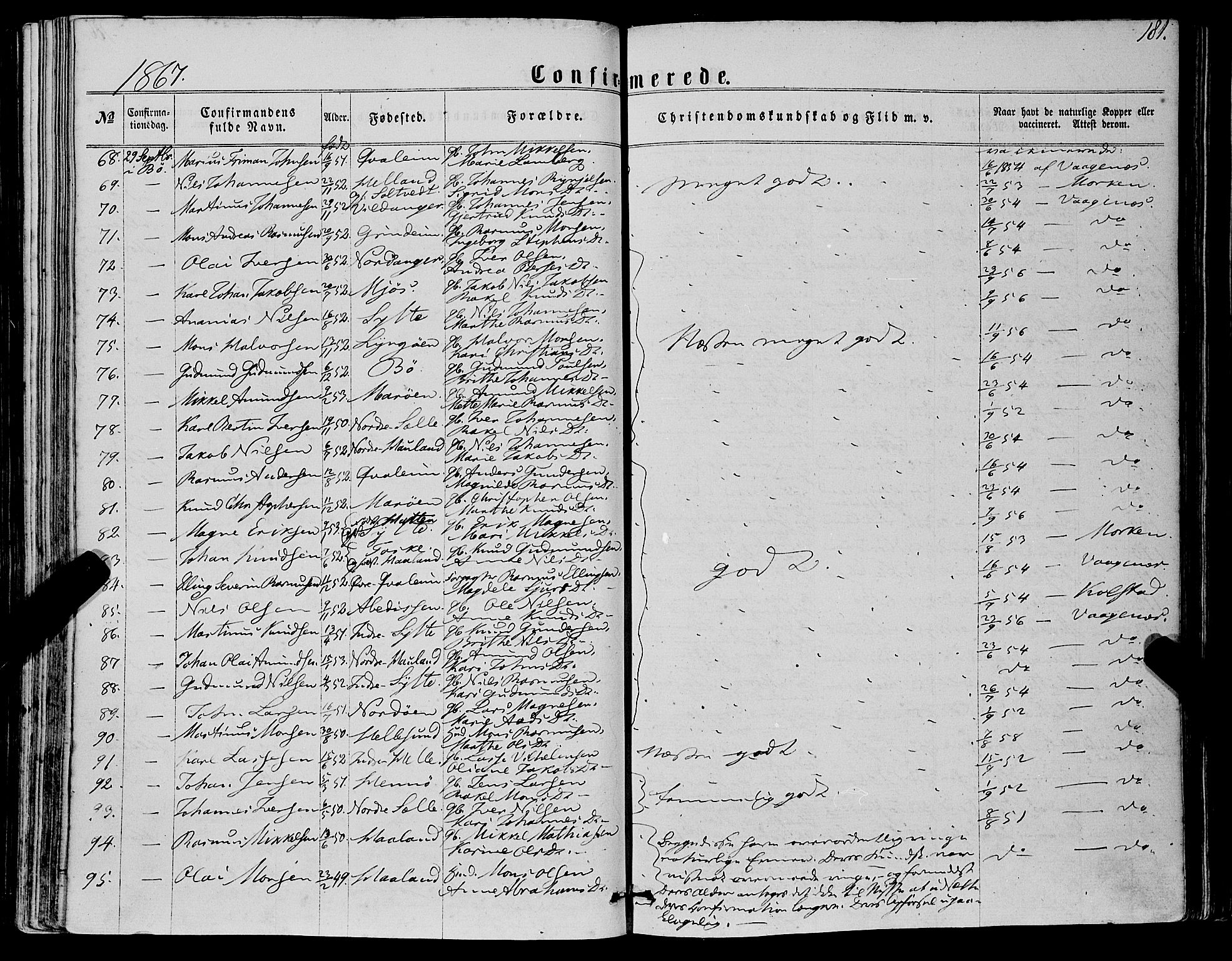 Manger sokneprestembete, AV/SAB-A-76801/H/Haa: Parish register (official) no. A 7, 1860-1870, p. 181