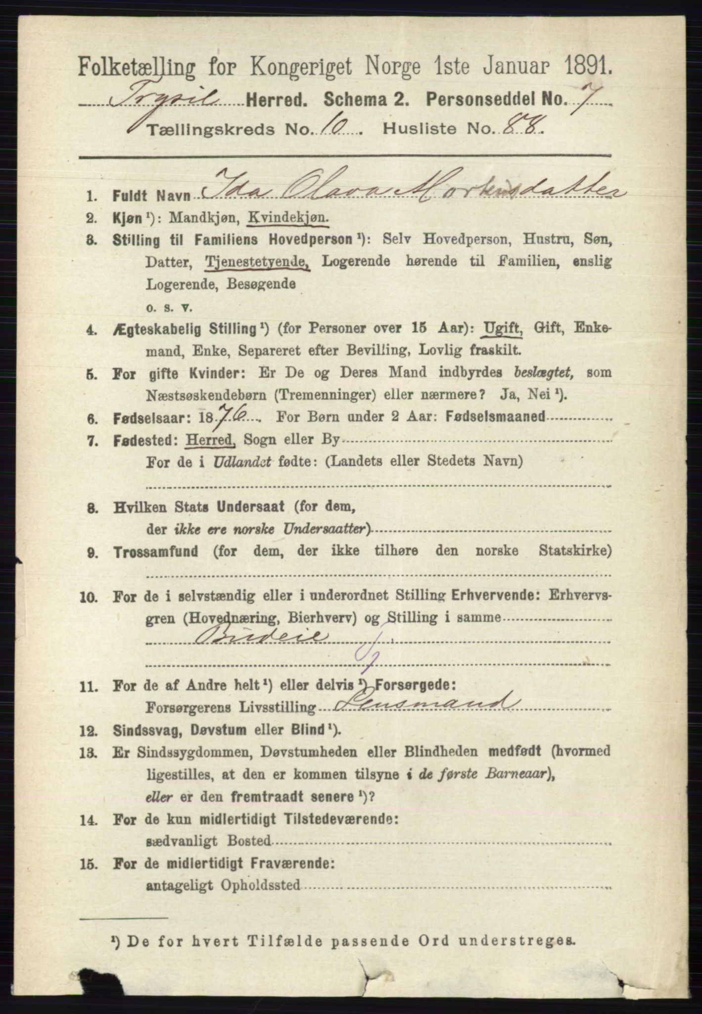 RA, 1891 census for 0428 Trysil, 1891, p. 5445