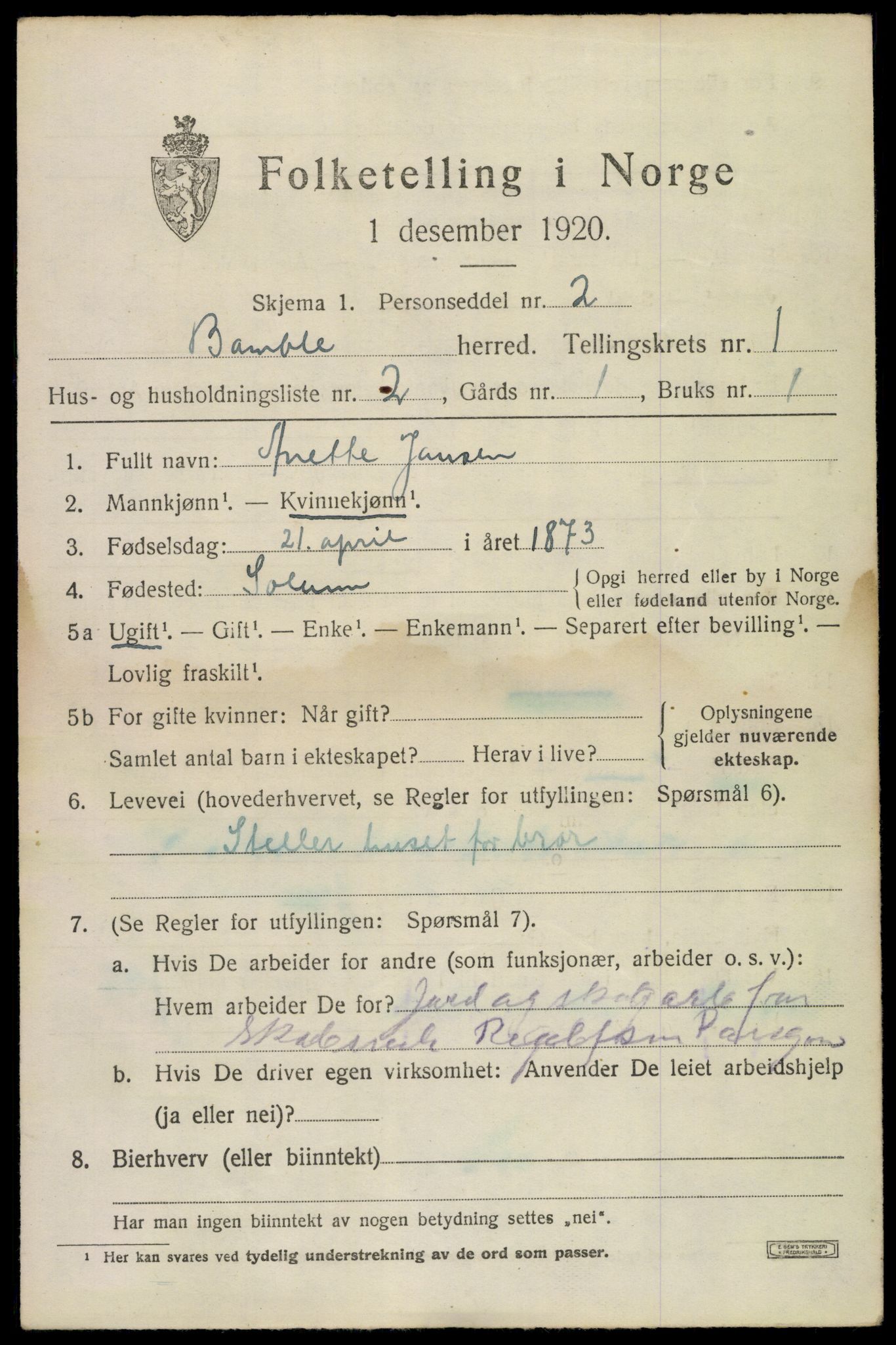 SAKO, 1920 census for Bamble, 1920, p. 2013