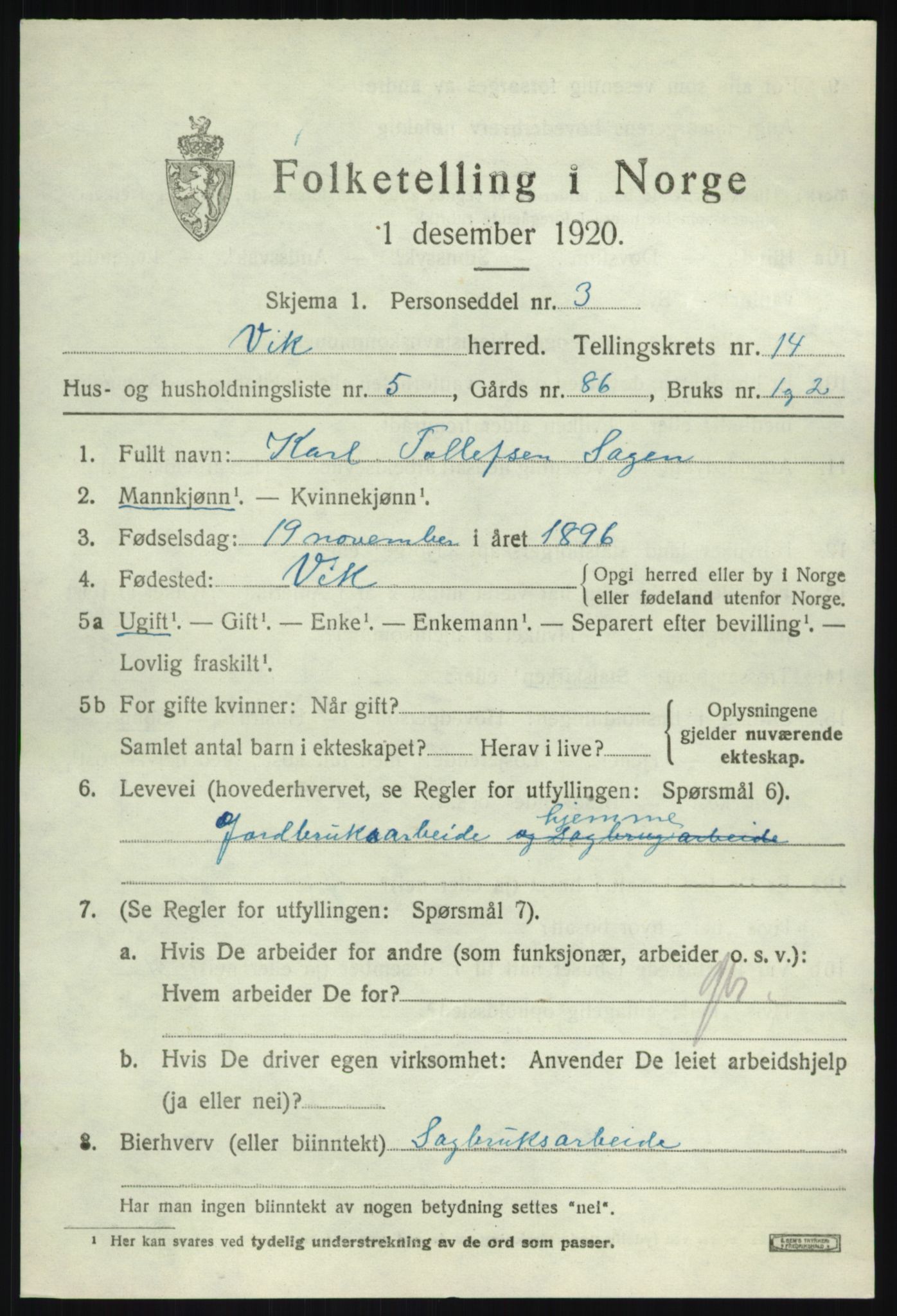 SAB, 1920 census for Vik, 1920, p. 7371