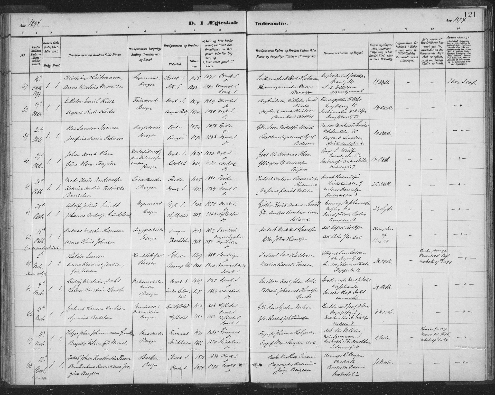 Domkirken sokneprestembete, AV/SAB-A-74801/H/Hab/L0032: Parish register (copy) no. D 4, 1880-1907, p. 121