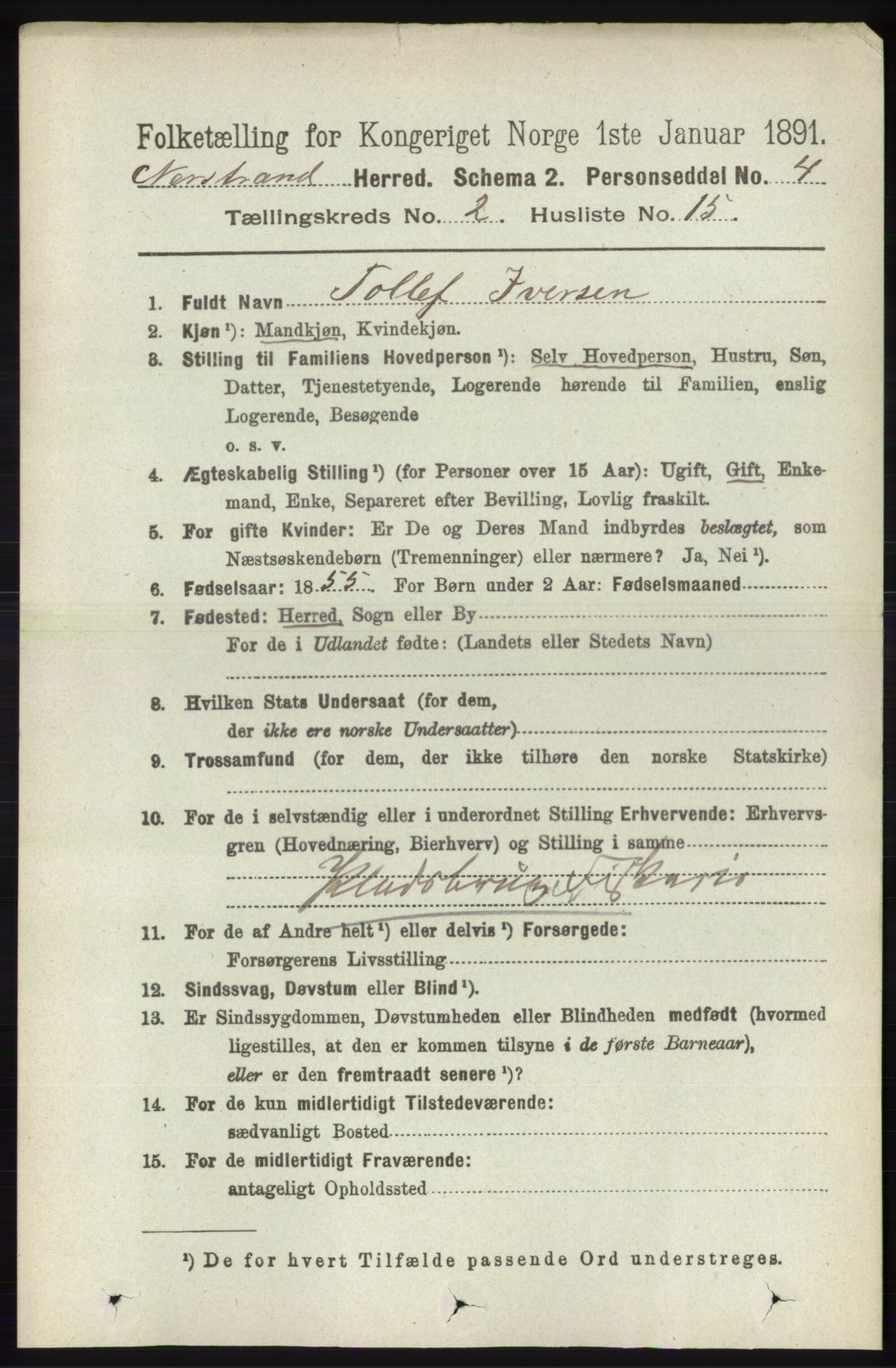 RA, 1891 census for 1139 Nedstrand, 1891, p. 322