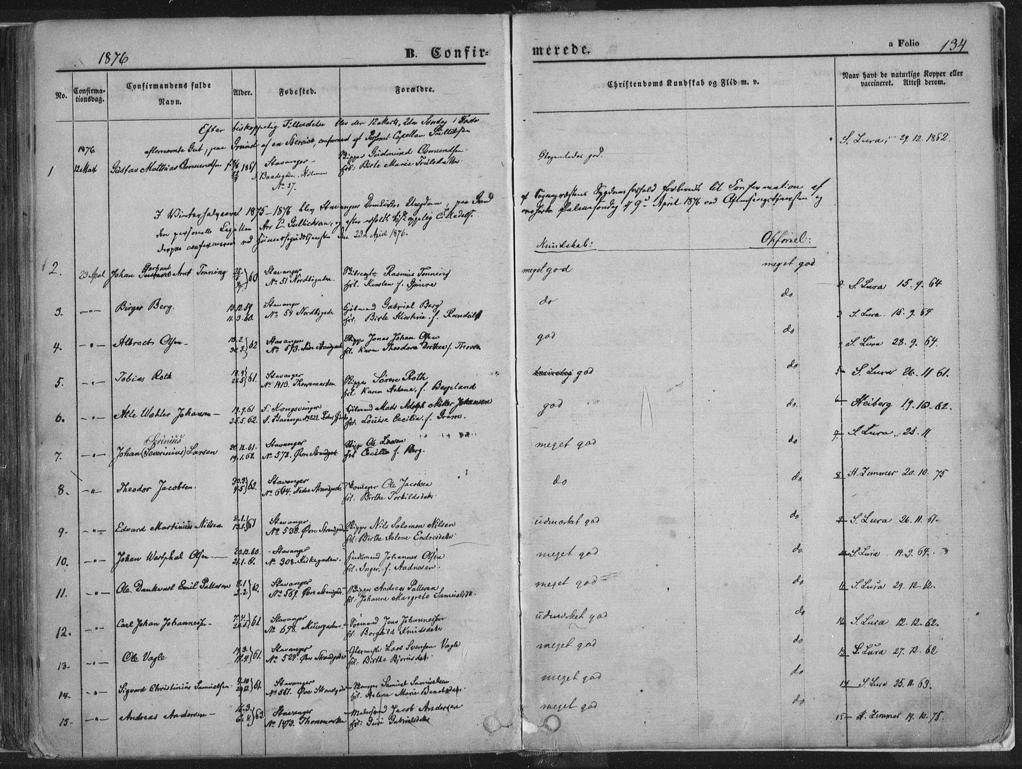 Domkirken sokneprestkontor, AV/SAST-A-101812/001/30/30BA/L0018: Parish register (official) no. A 17, 1857-1877, p. 134