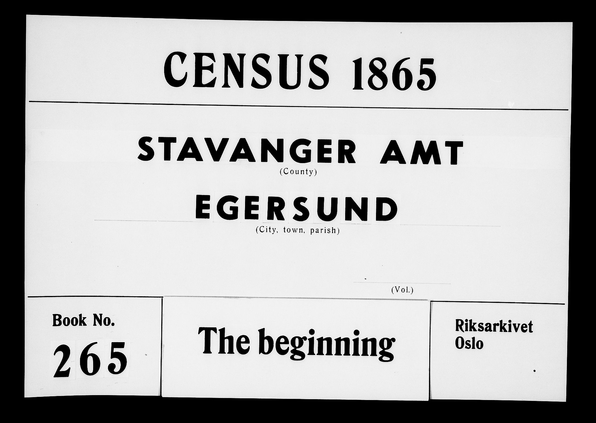 RA, 1865 census for Eigersund parish, Egersund town, 1865, p. 1