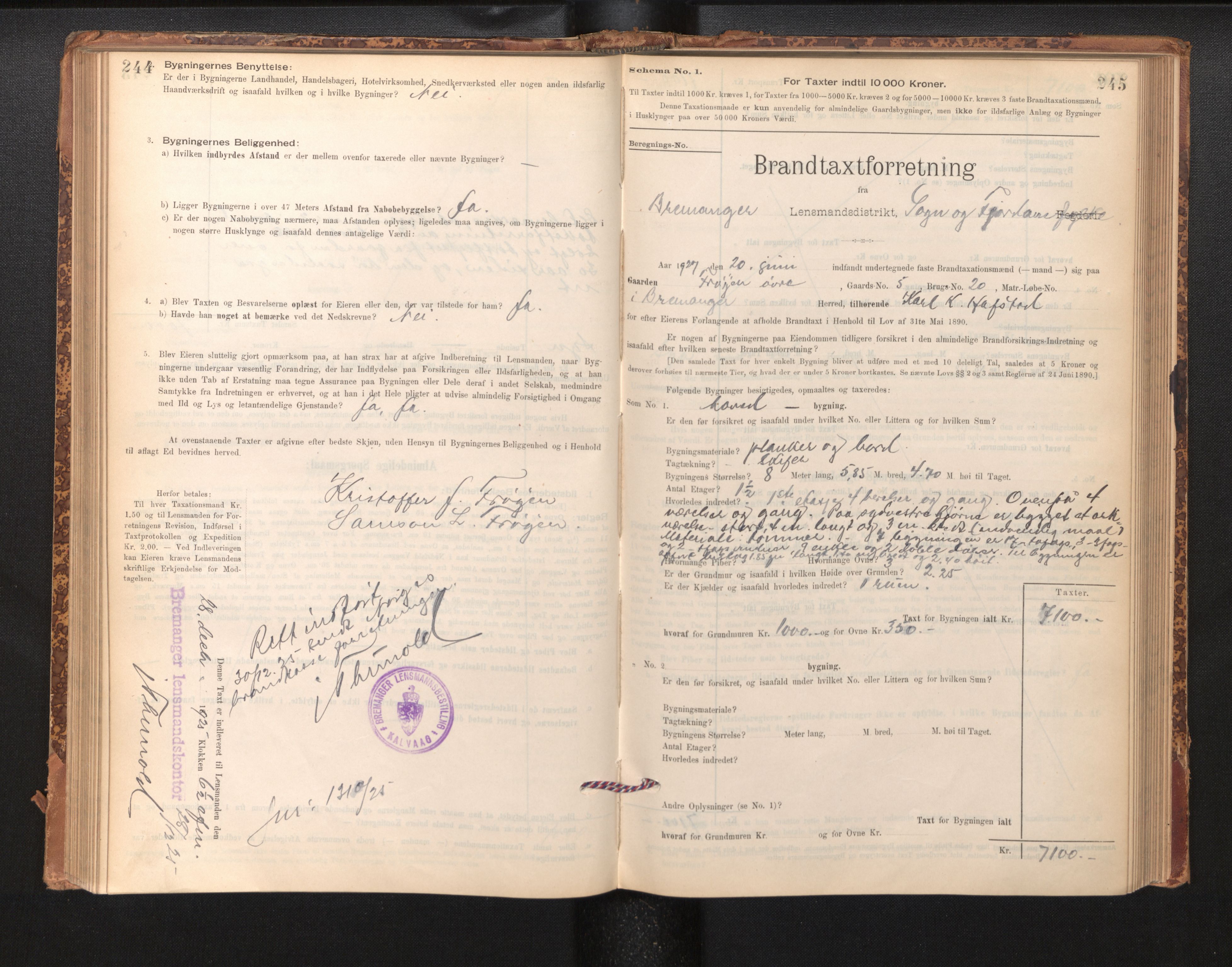 Lensmannen i Bremanger, SAB/A-26701/0012/L0007: Branntakstprotokoll, skjematakst, 1895-1936, p. 244-245