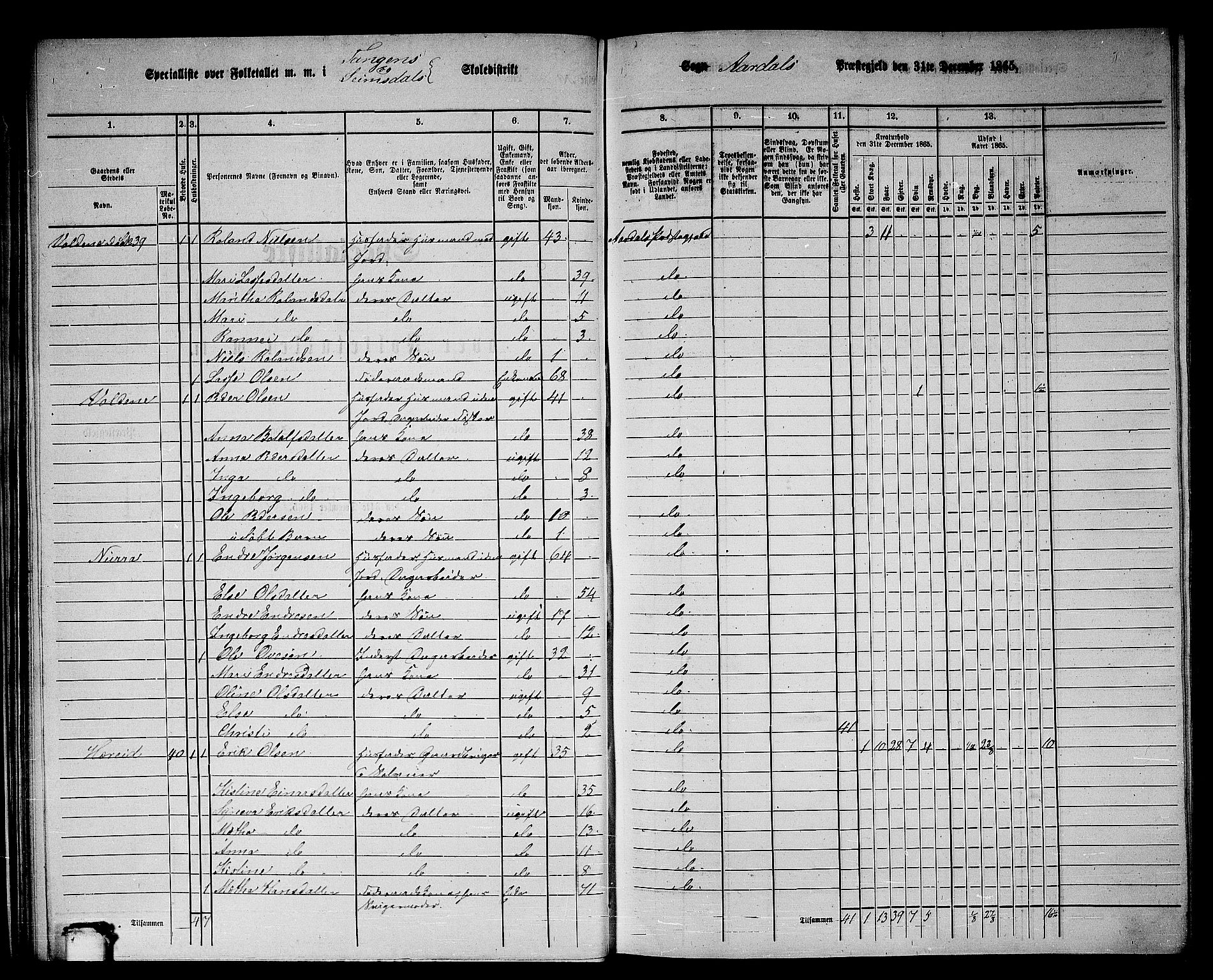 RA, 1865 census for Årdal, 1865, p. 39