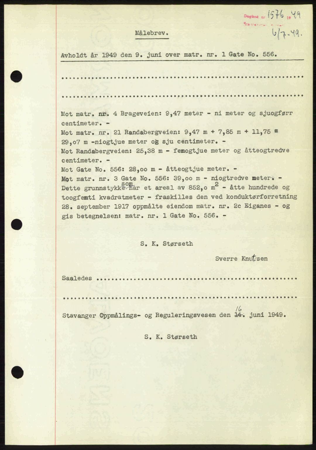 Stavanger byrett, SAST/A-100455/002/G/Gb/L0023: Mortgage book no. A12, 1948-1949, Diary no: : 1576/1949