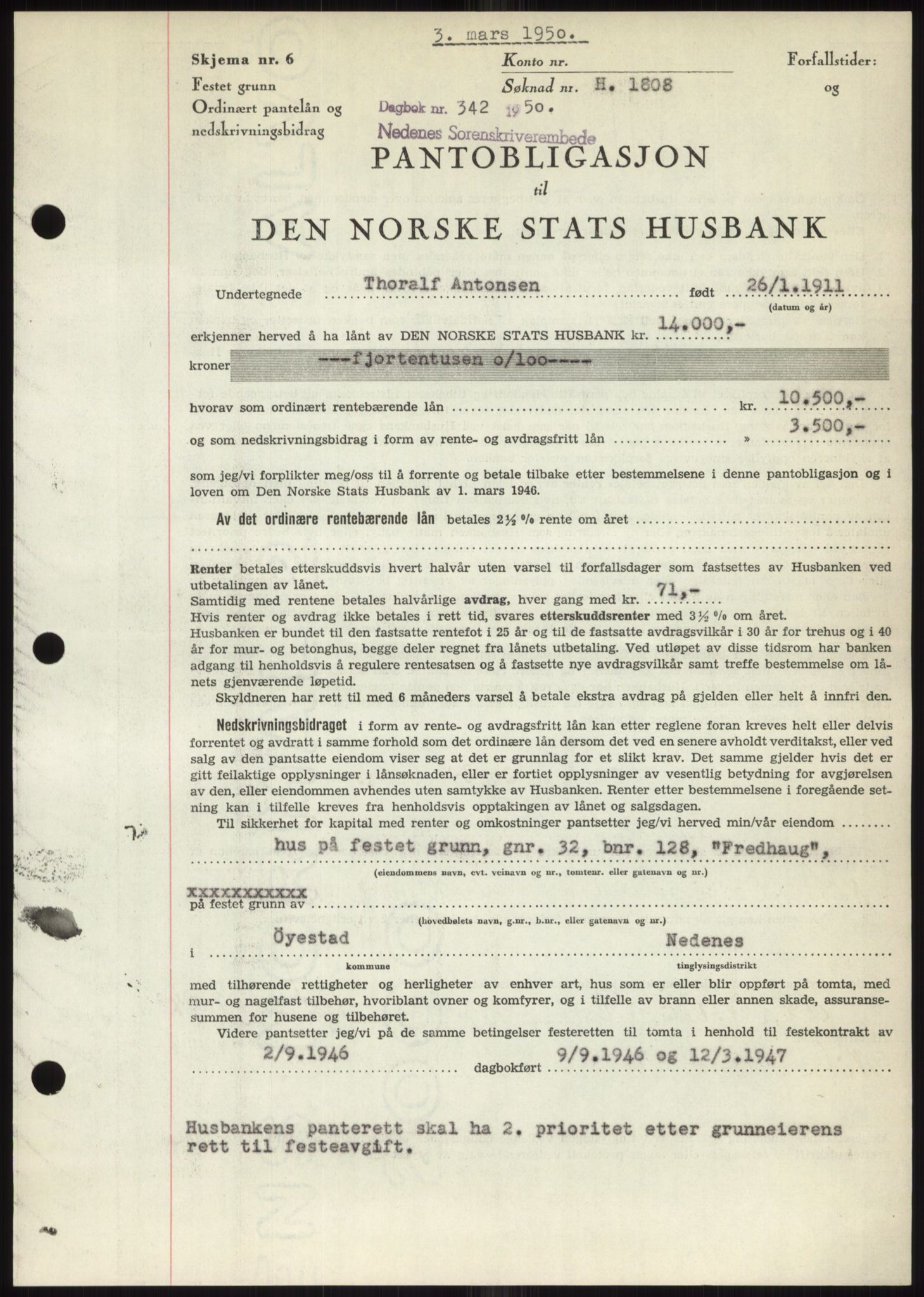 Nedenes sorenskriveri, AV/SAK-1221-0006/G/Gb/Gbb/L0007: Mortgage book no. B7, 1949-1950, Diary no: : 342/1950