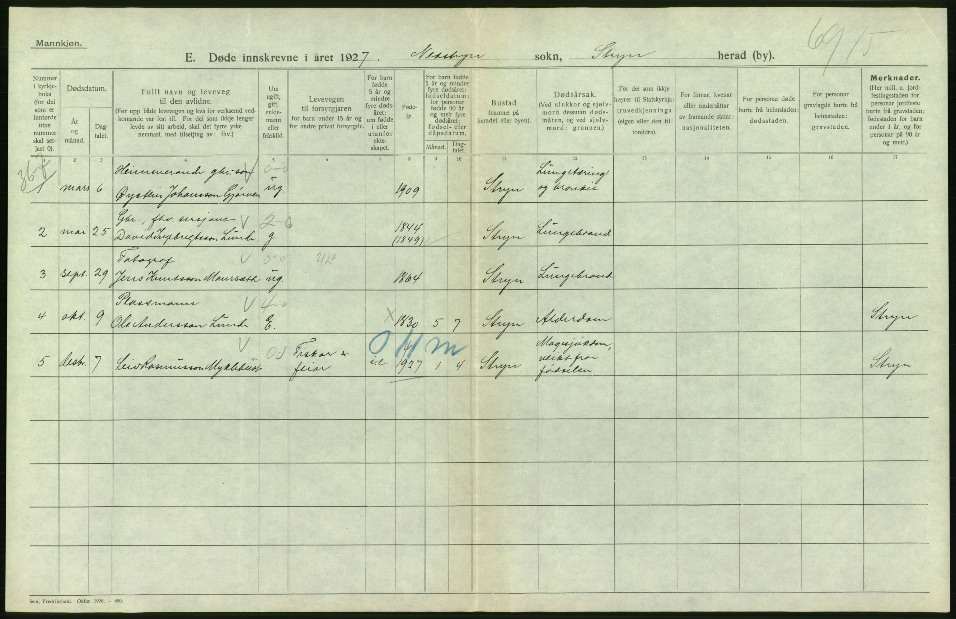 Statistisk sentralbyrå, Sosiodemografiske emner, Befolkning, AV/RA-S-2228/D/Df/Dfc/Dfcg/L0030: Sogn og Fjordane fylke: Gifte, døde. Bygder., 1927, p. 362