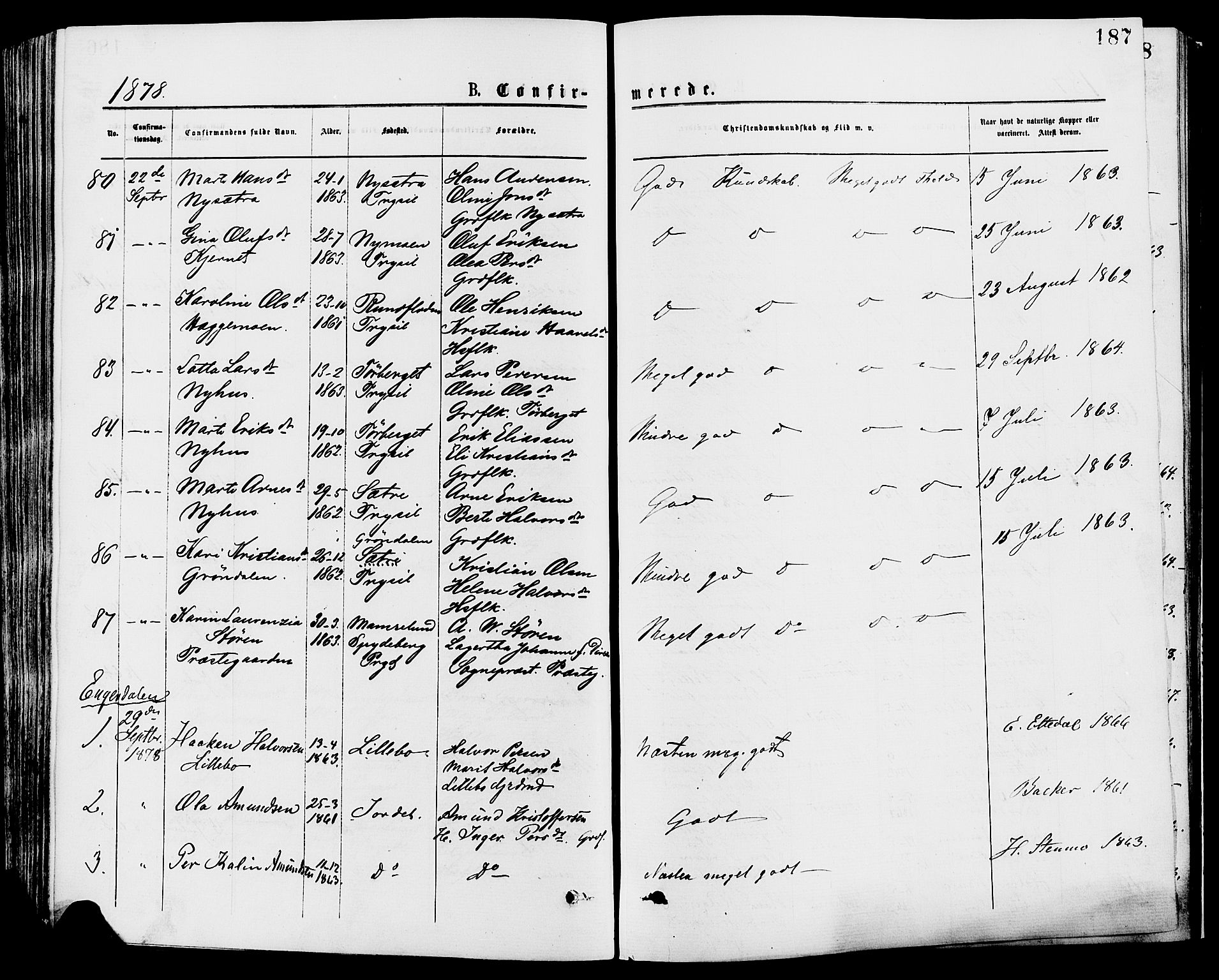 Trysil prestekontor, AV/SAH-PREST-046/H/Ha/Haa/L0007: Parish register (official) no. 7, 1874-1880, p. 187