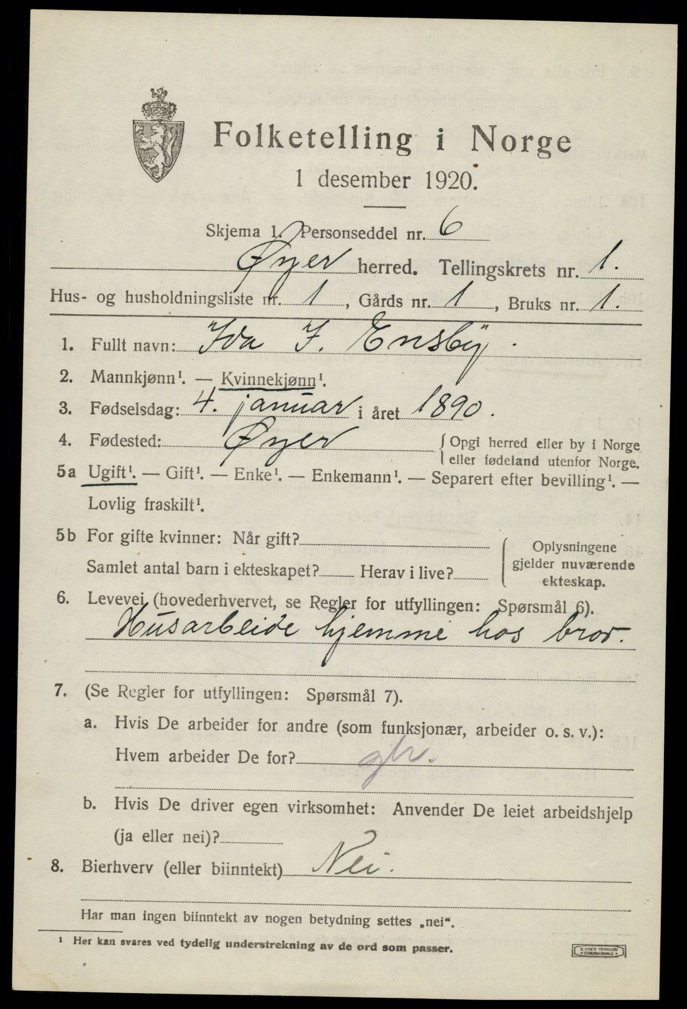 SAH, 1920 census for Øyer, 1920, p. 1213