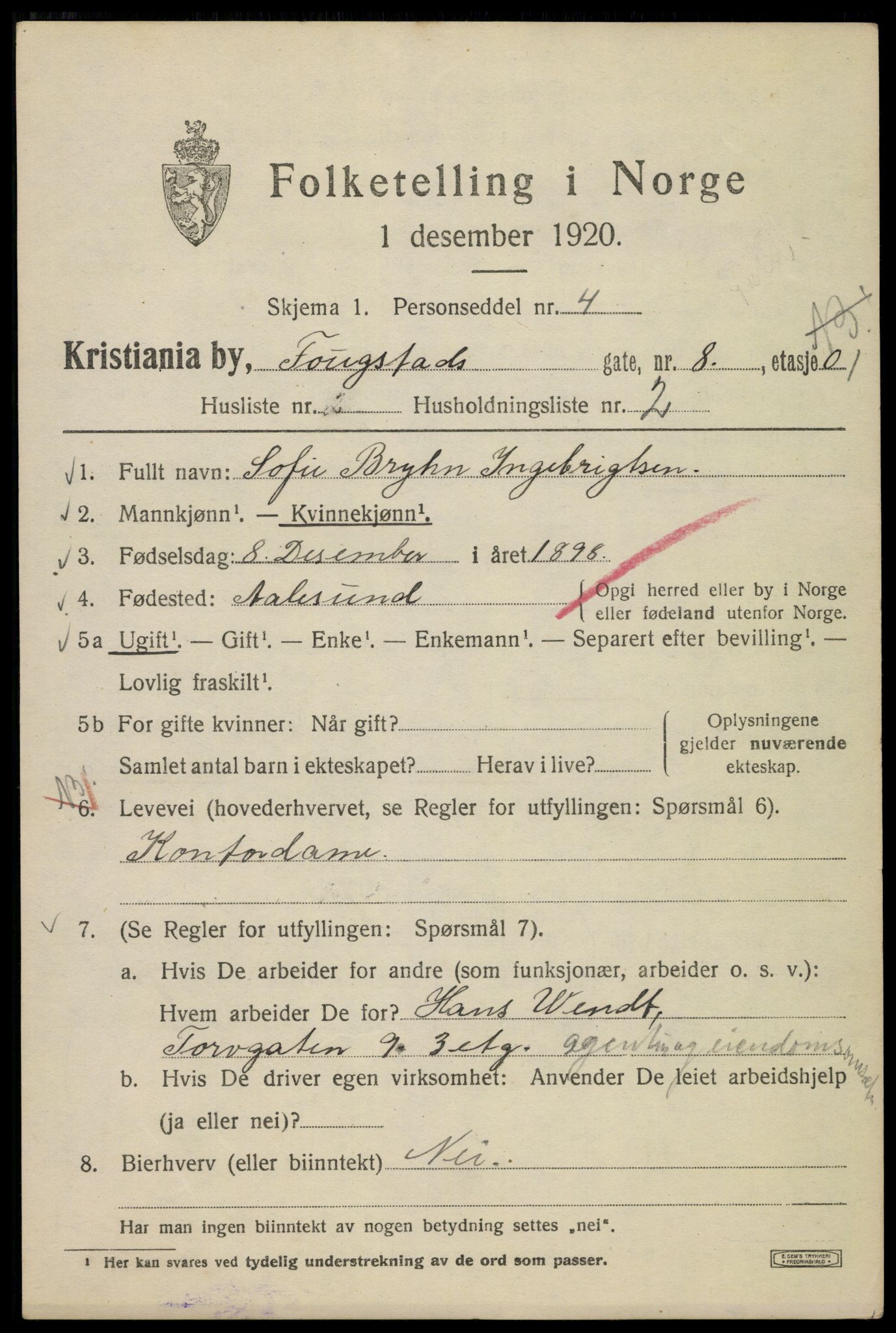 SAO, 1920 census for Kristiania, 1920, p. 232701