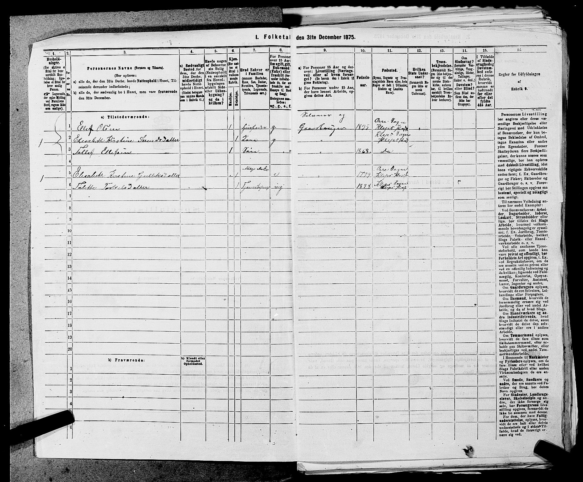 SAST, 1875 census for 1120P Klepp, 1875, p. 178