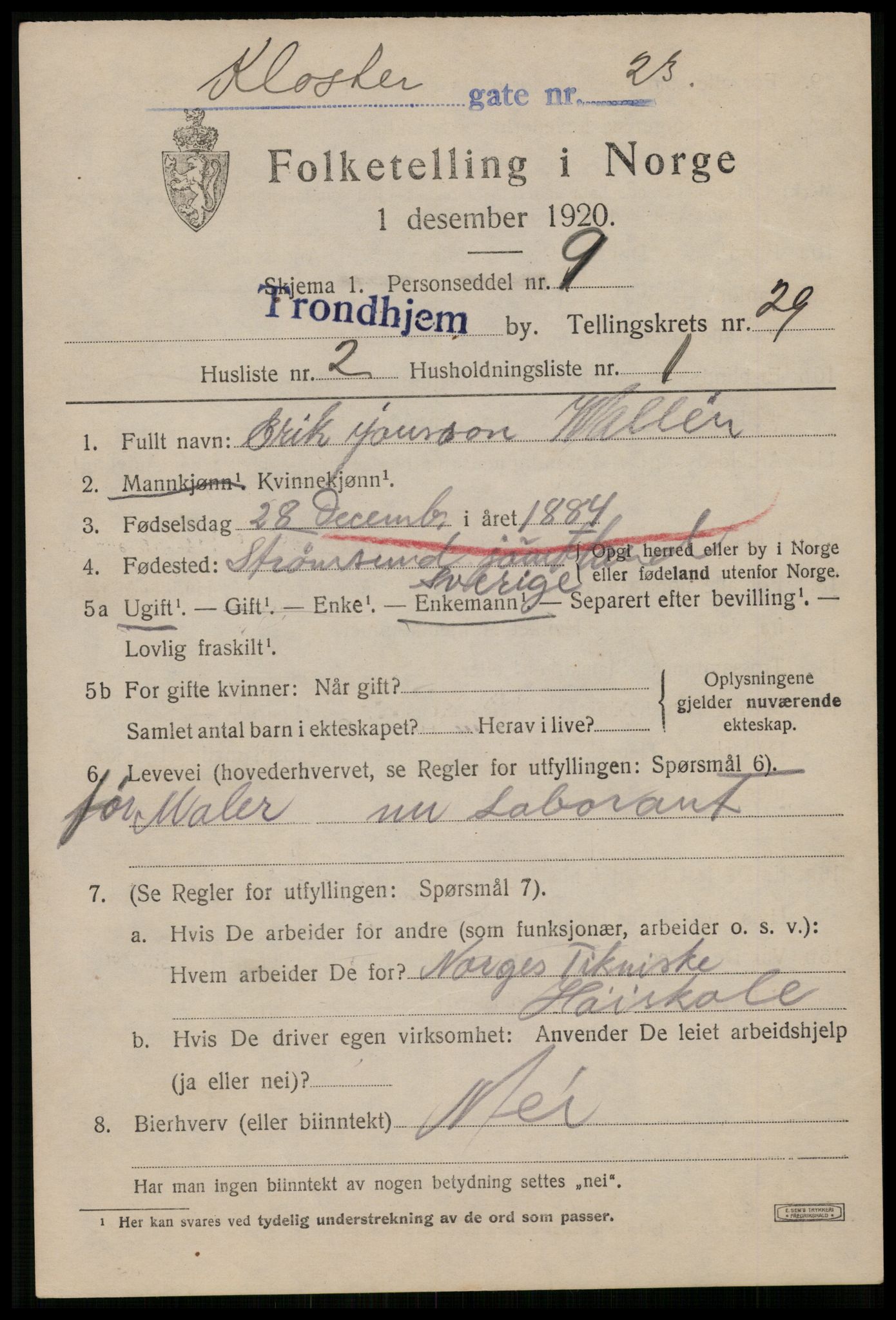 SAT, 1920 census for Trondheim, 1920, p. 72164