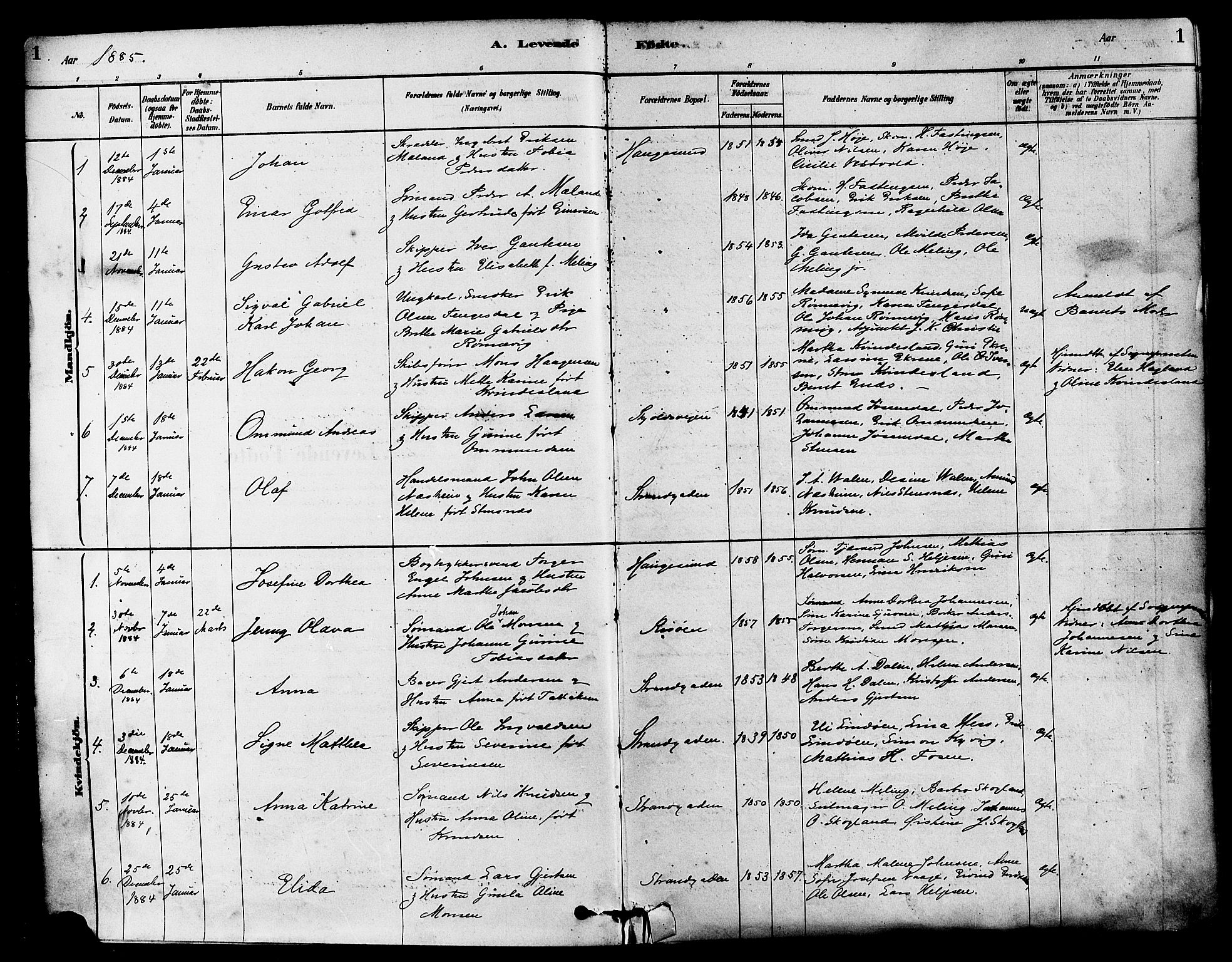 Haugesund sokneprestkontor, SAST/A -101863/H/Ha/Haa/L0003: Parish register (official) no. A 3, 1885-1890, p. 1