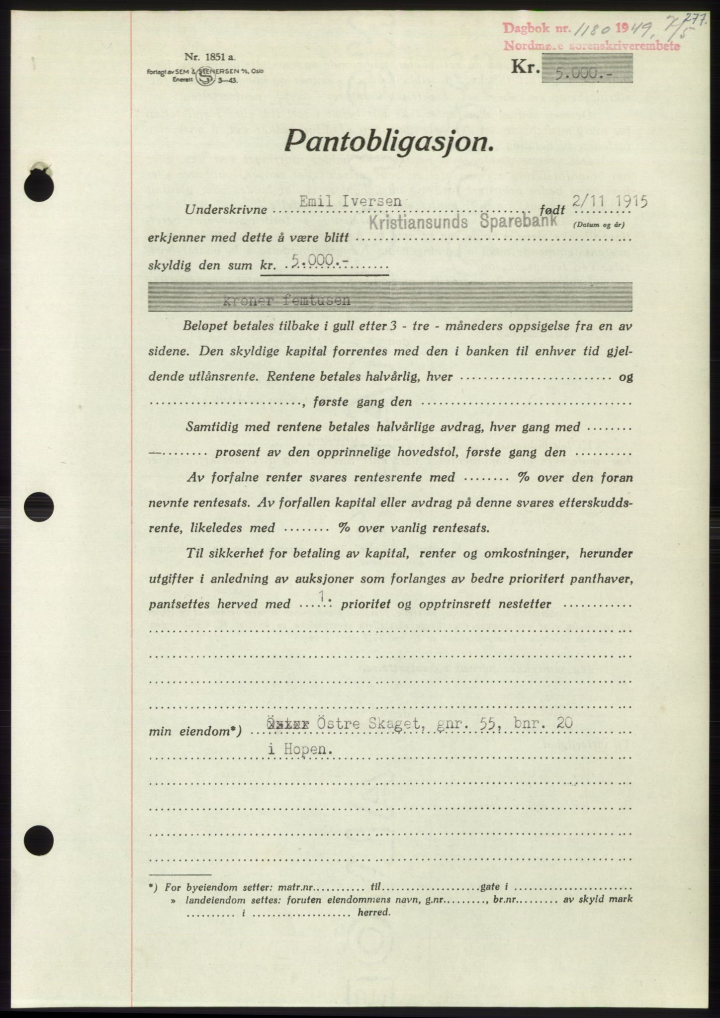 Nordmøre sorenskriveri, AV/SAT-A-4132/1/2/2Ca: Mortgage book no. B101, 1949-1949, Diary no: : 1180/1949