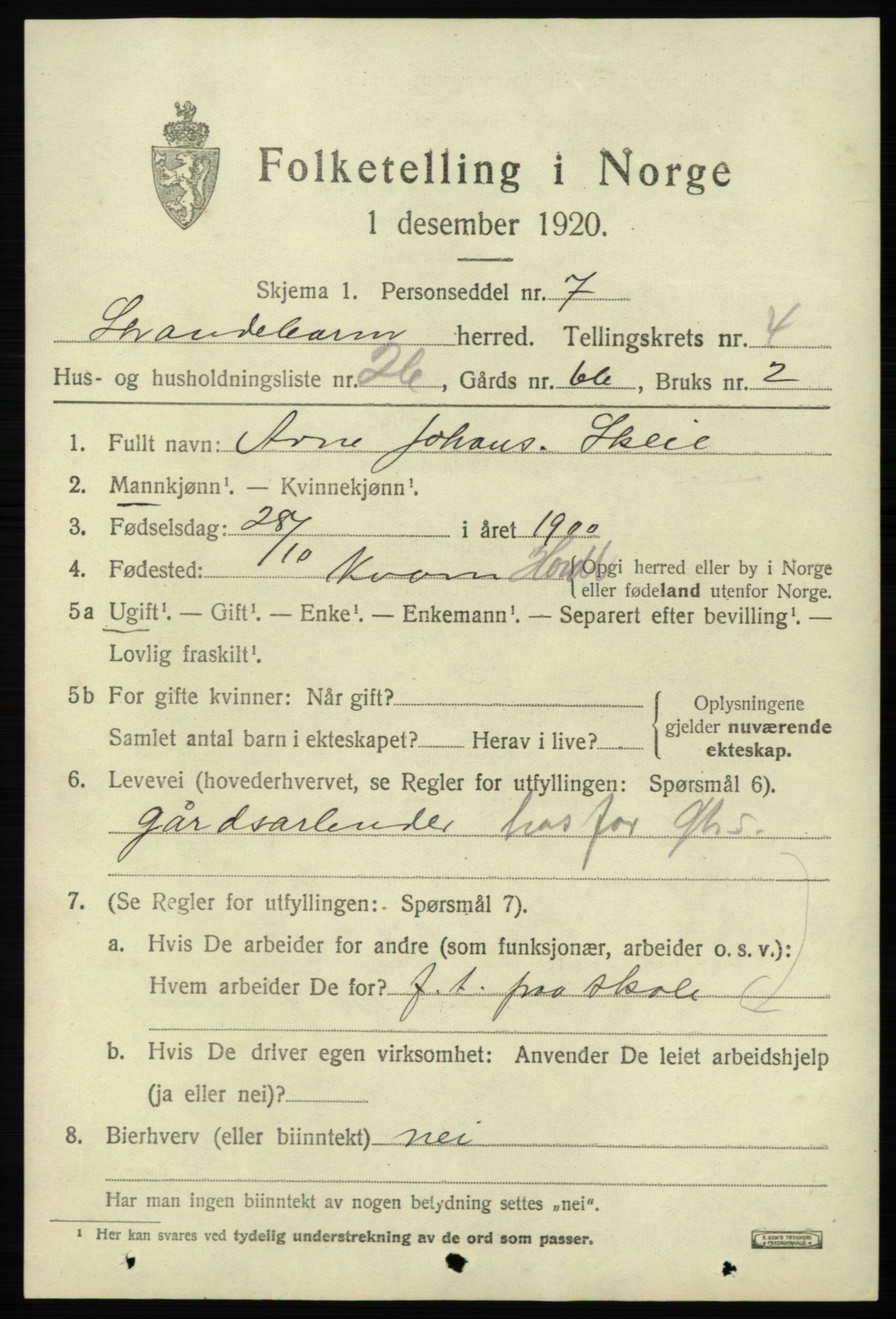 SAB, 1920 census for Strandebarm, 1920, p. 3764